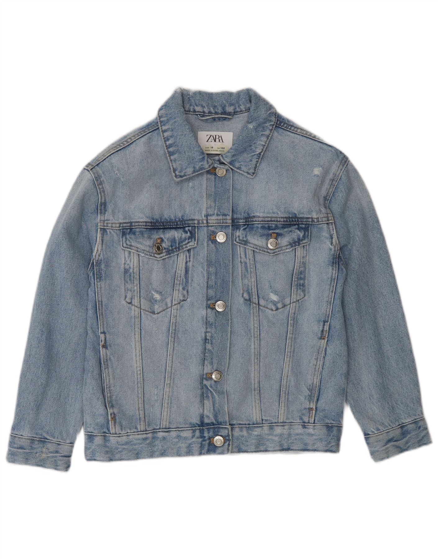 Zara Girls Distressed Denim Jacket 9-10 Years Blue