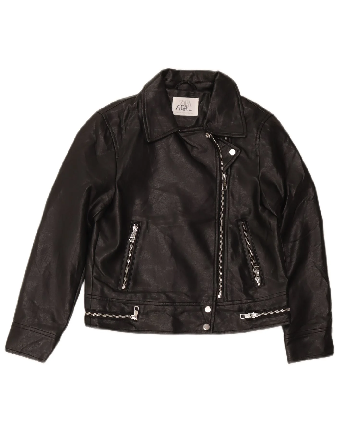 Zara Girls Faux Leather Biker Jacket 9-10 Years Black Polyester