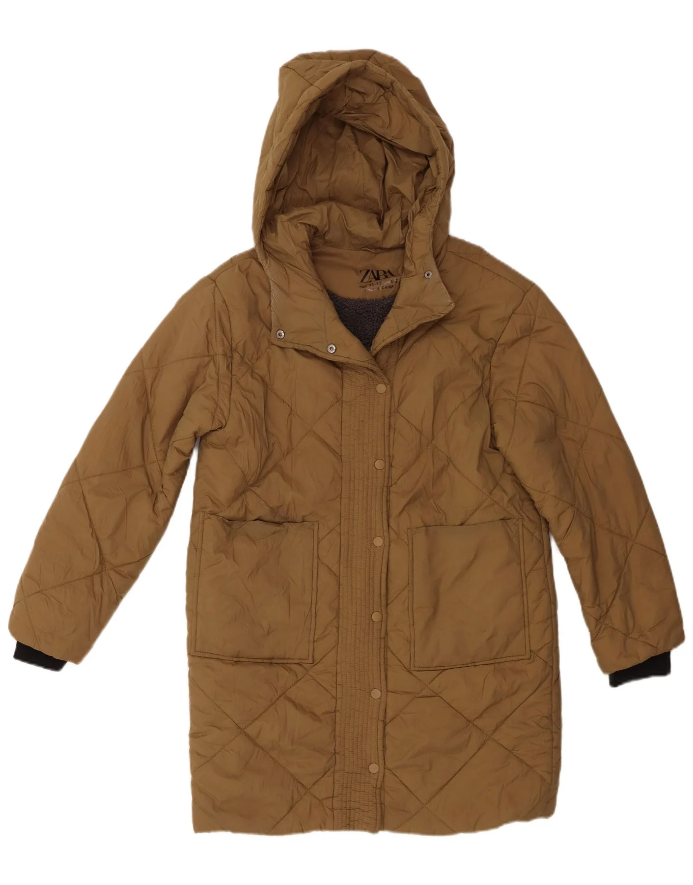Zara Girls Hooded Padded Coat 11-12 Years Brown Nylon