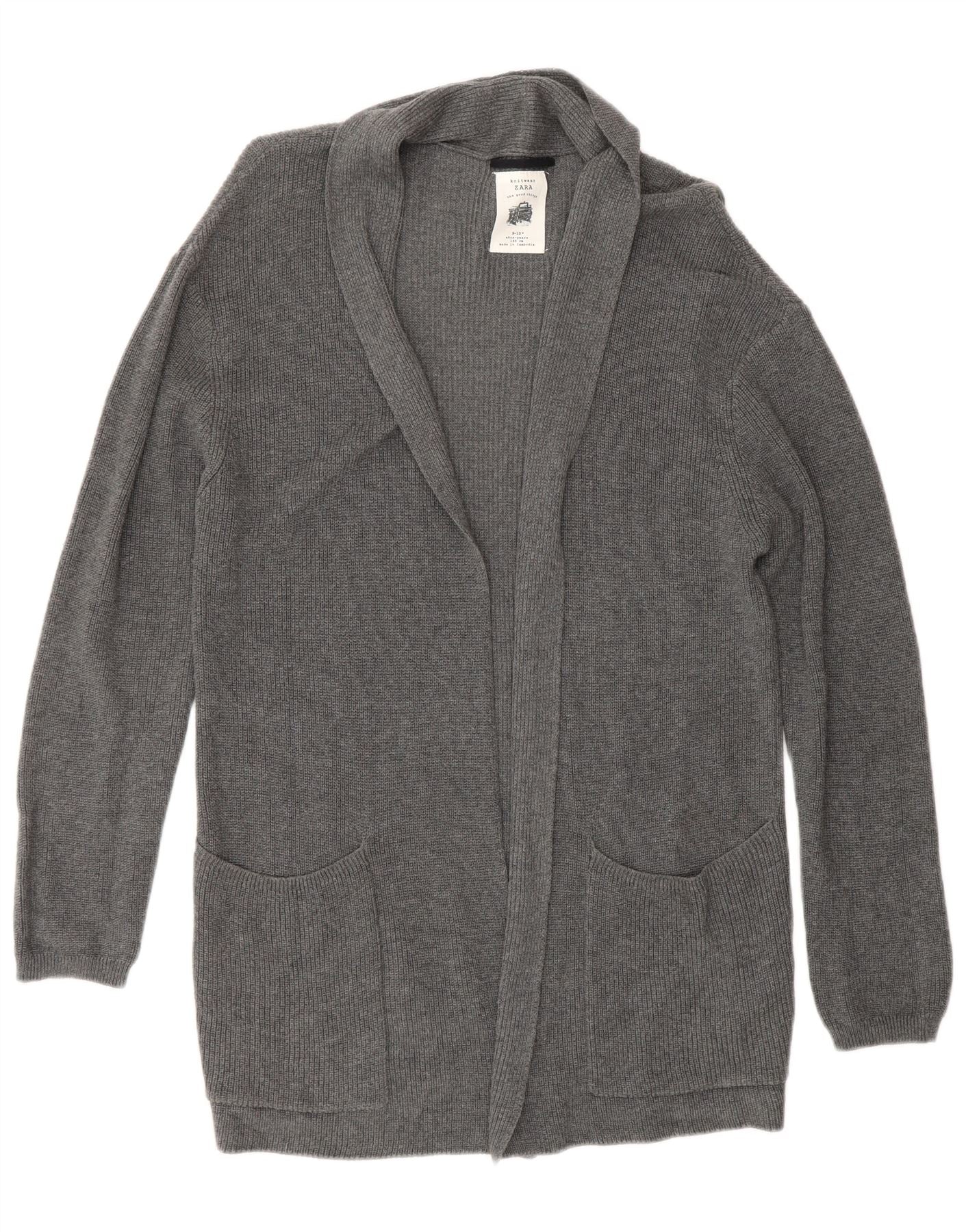 Zara Girls Loose Fit Open Cardigan Sweater 9-10 Years Grey Cotton