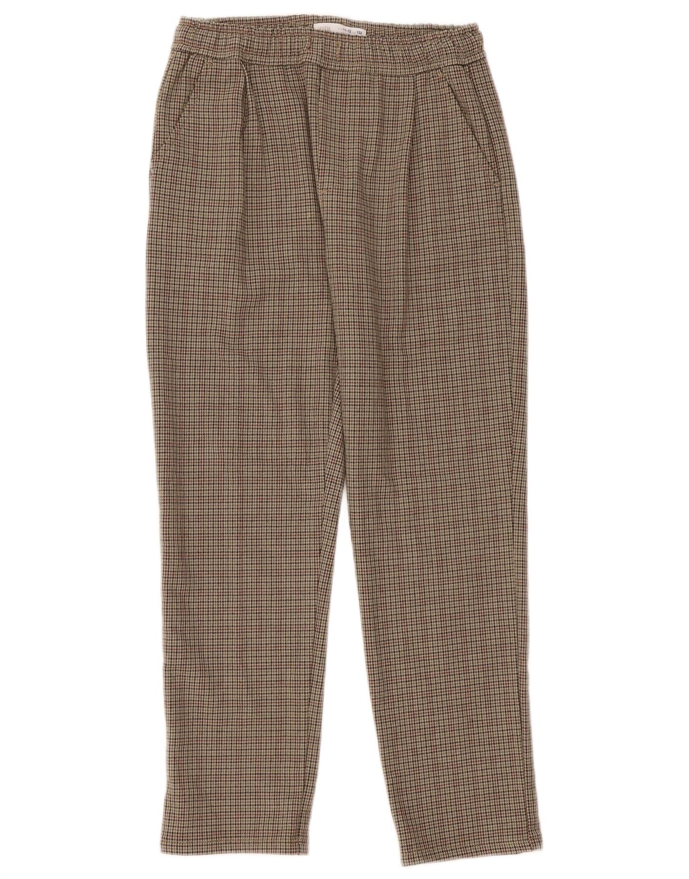 Zara Girls Straight Casual Trousers 11-12 Years W26 L25 Khaki Houndstooth