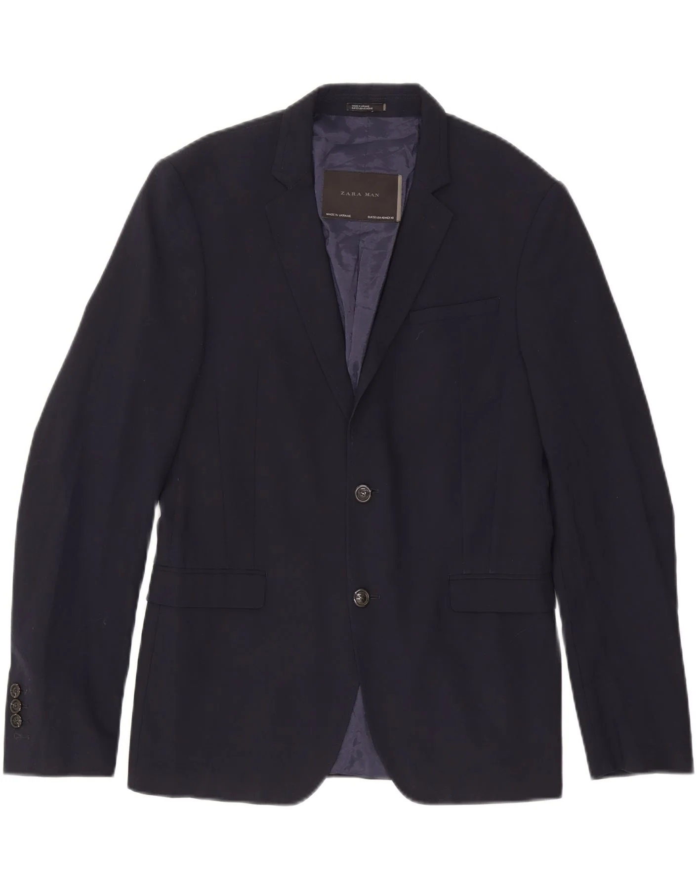 Zara Mens 2 Button Blazer Jacket EU 50 Medium Navy Blue Polyester
