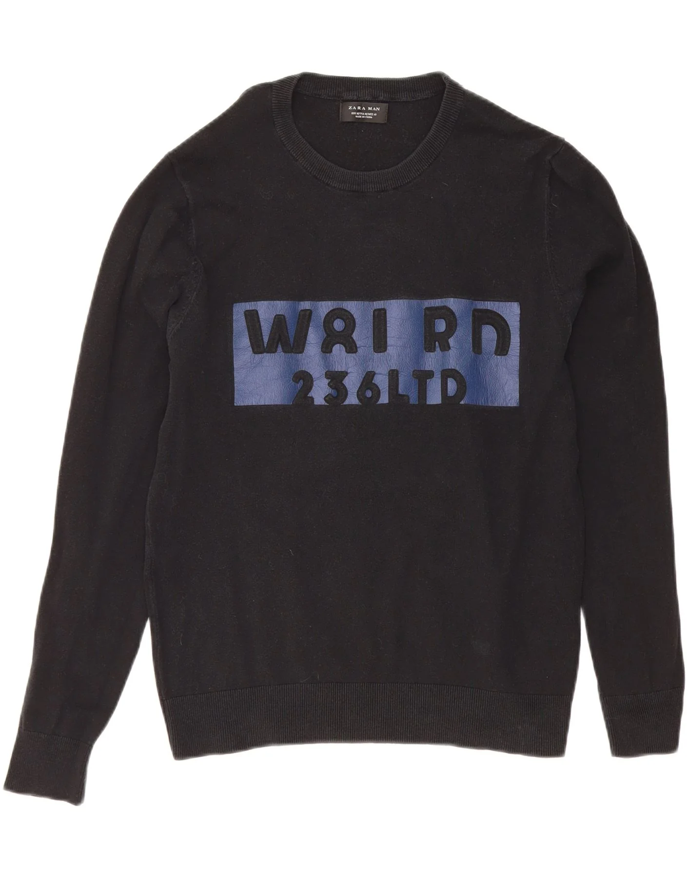 Zara Mens Graphic Crew Neck Jumper Sweater Medium Navy Blue