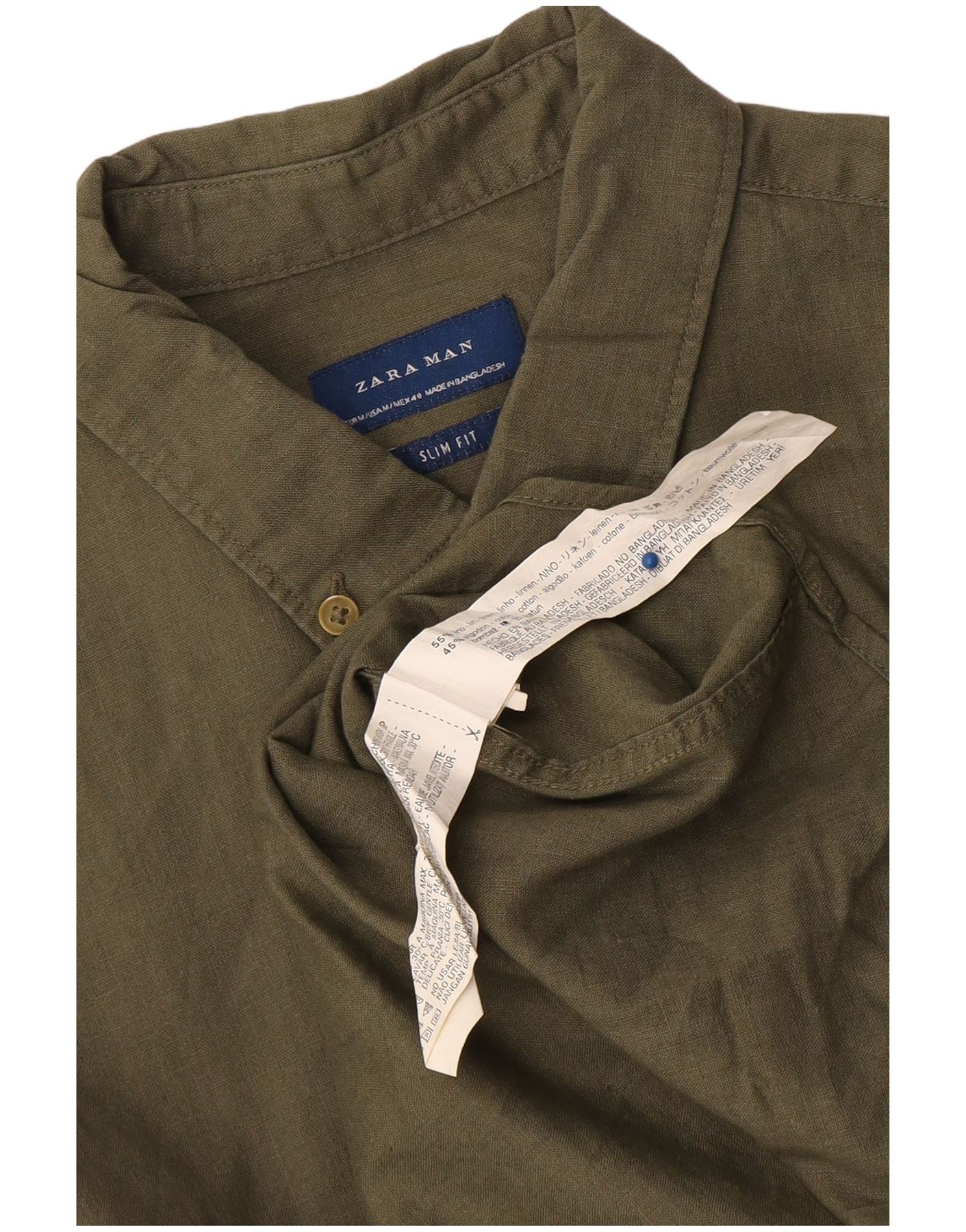 Zara Mens Slim Fit Pullover Shirt Medium Khaki Linen - Image 3