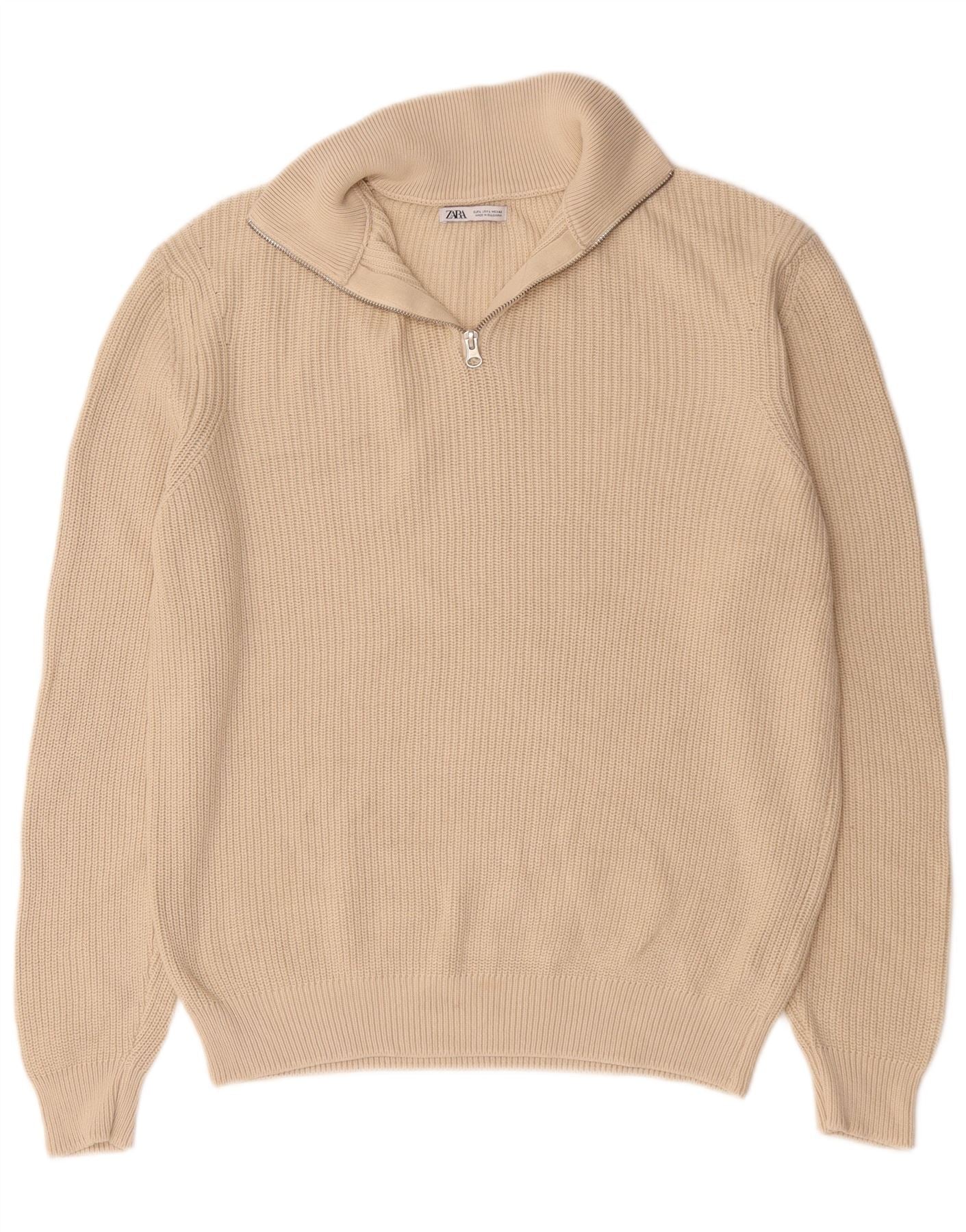 Zara Mens Zip Neck Jumper Sweater Large Beige Cotton
