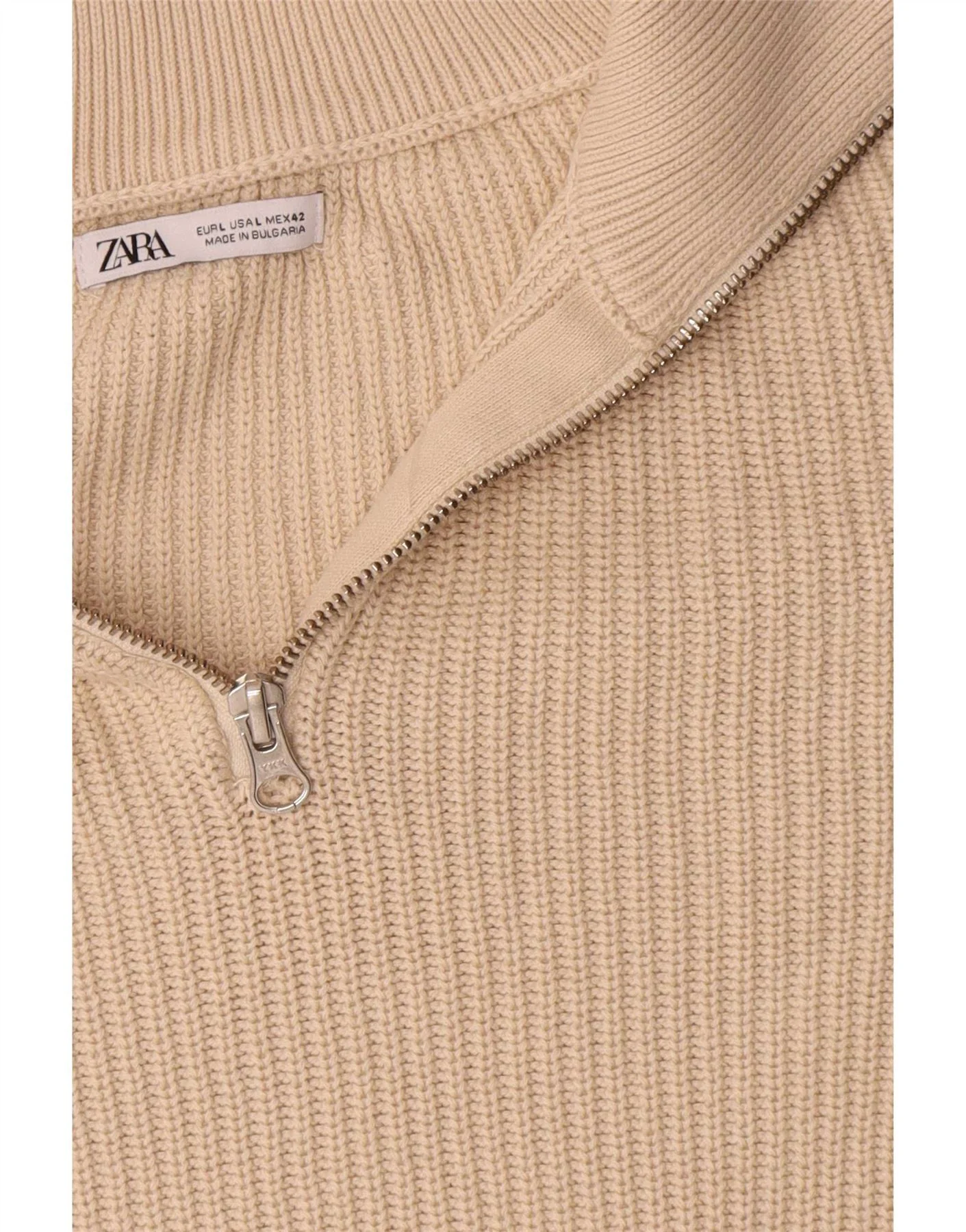 Zara Mens Zip Neck Jumper Sweater Large Beige Cotton - Image 3