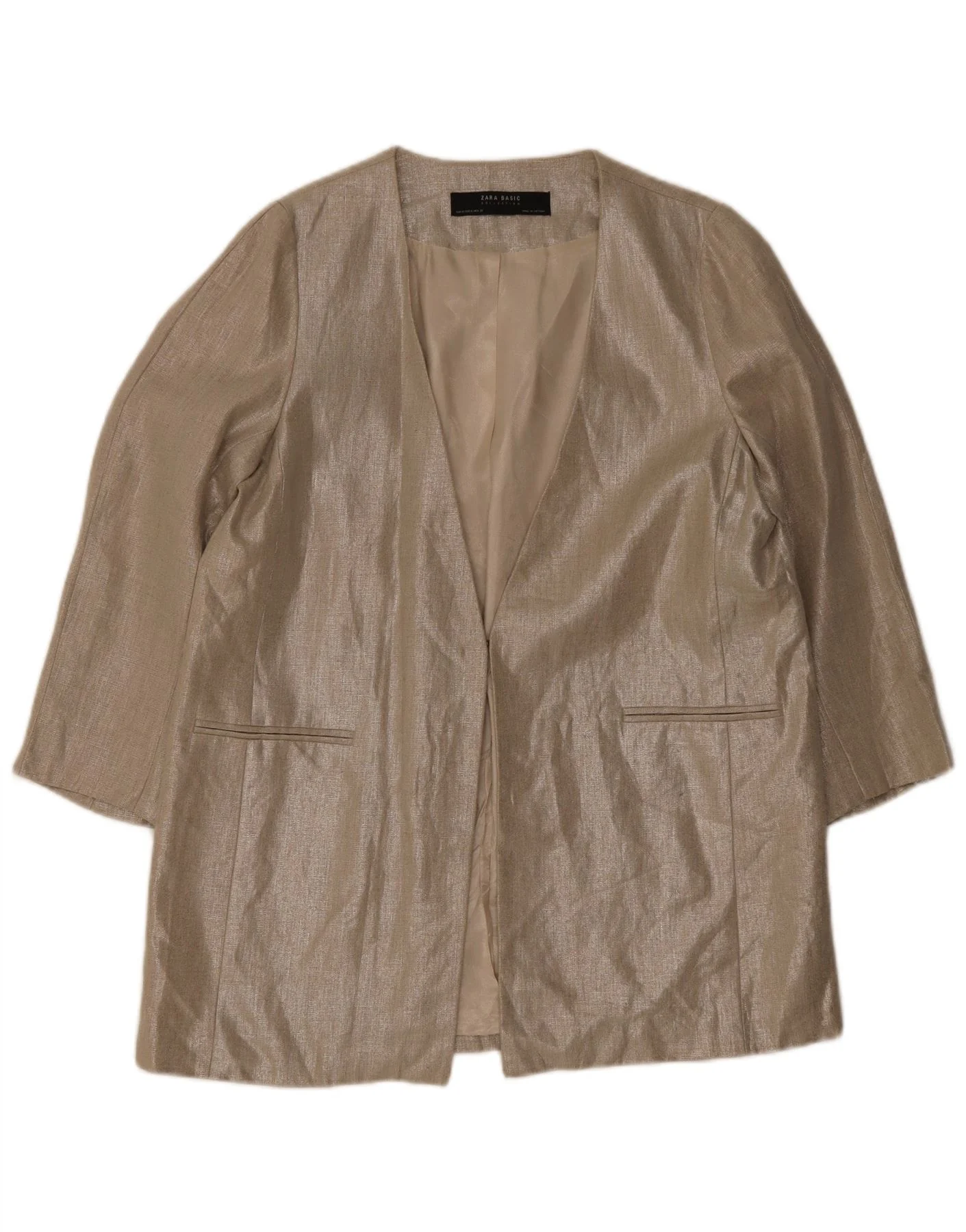Zara Womens 3/4 Sleeve Blazer Jacket UK 14 XL Beige Linen