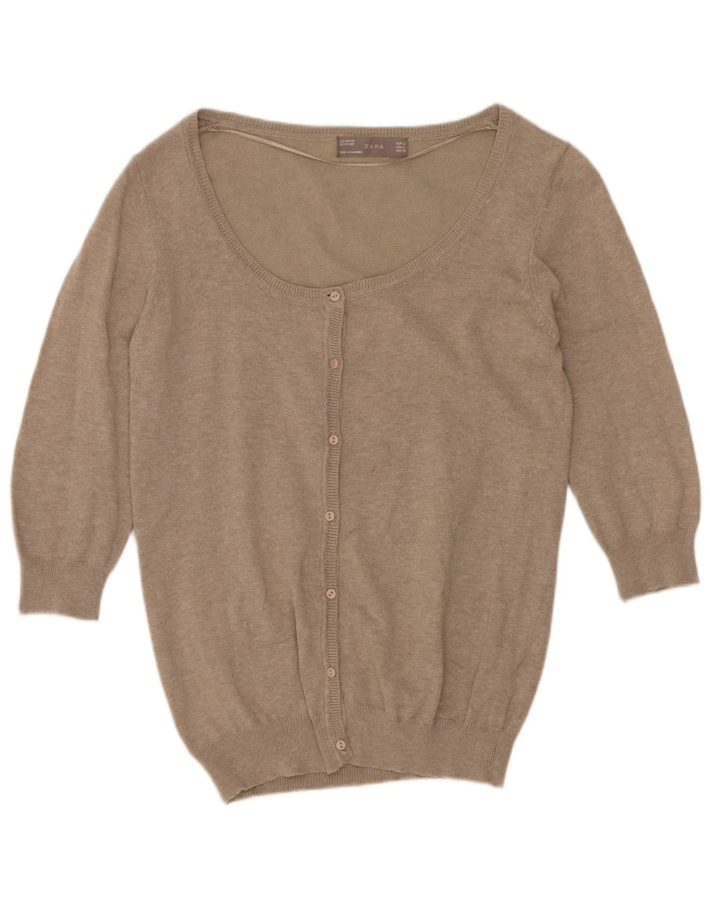 Zara Womens 3/4 Sleeve Cardigan Sweater UK 14 Large Beige