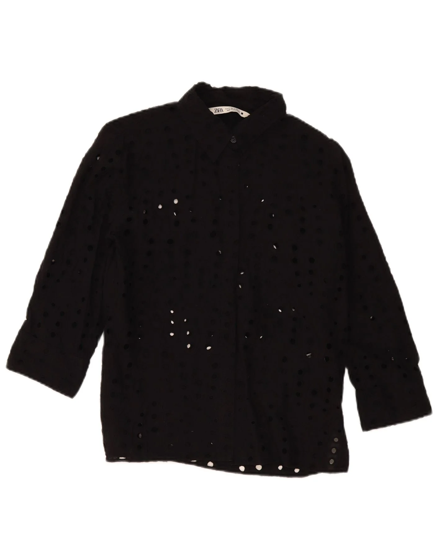 Zara Womens 3/4 Sleeve Shirt Blouse UK 14 Medium Black Cotton