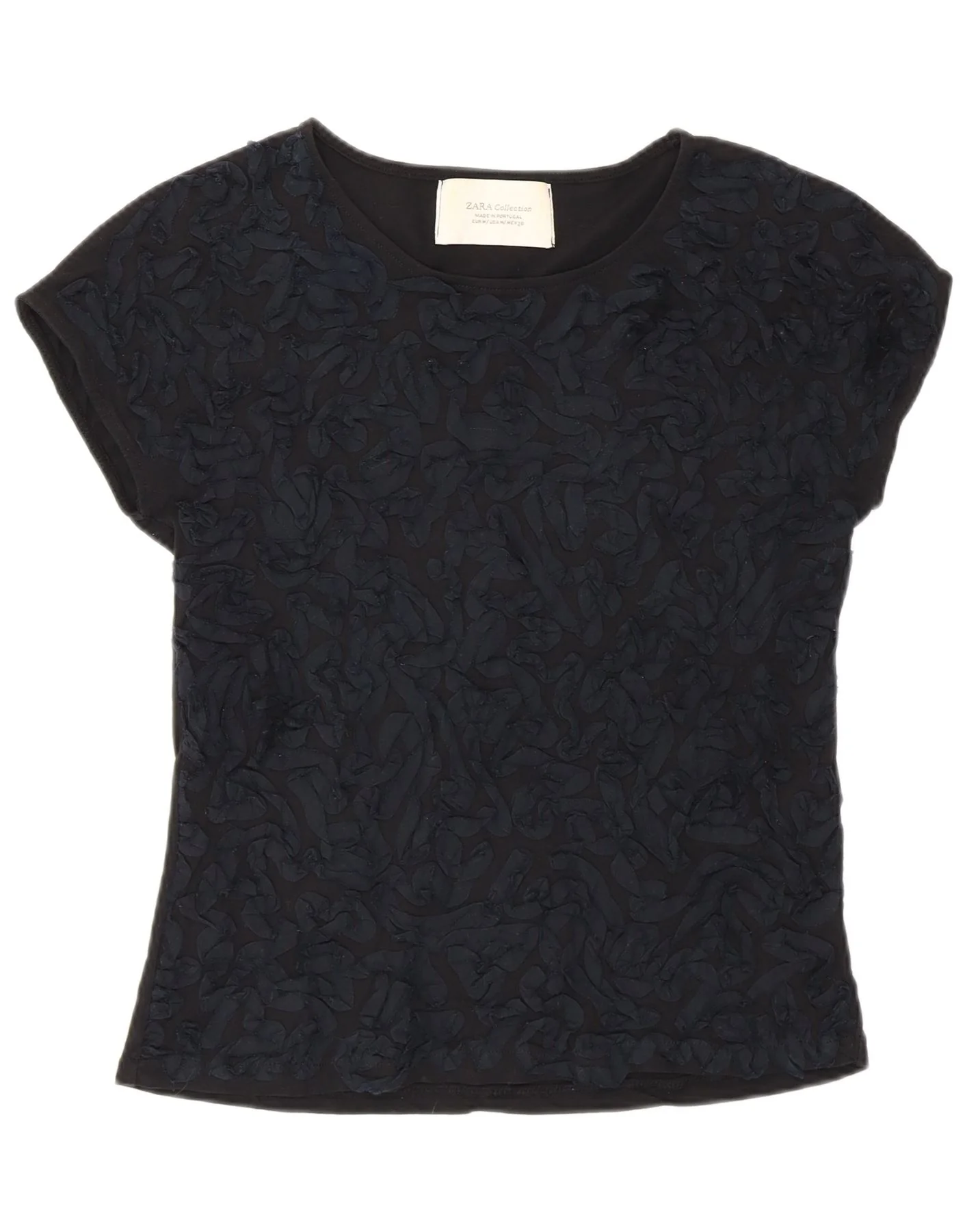 Zara Womens Abstract Pattern T-Shirt Top UK 12 Medium Black Cotton