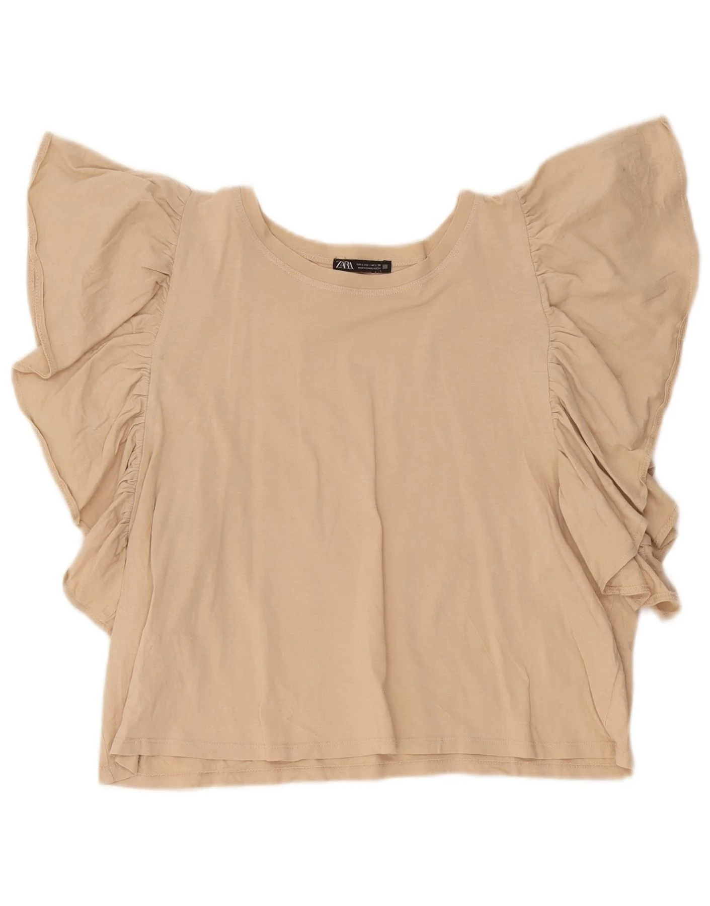 Zara Womens Crop Batwing Blouse Top UK 14 Large Beige Cotton
