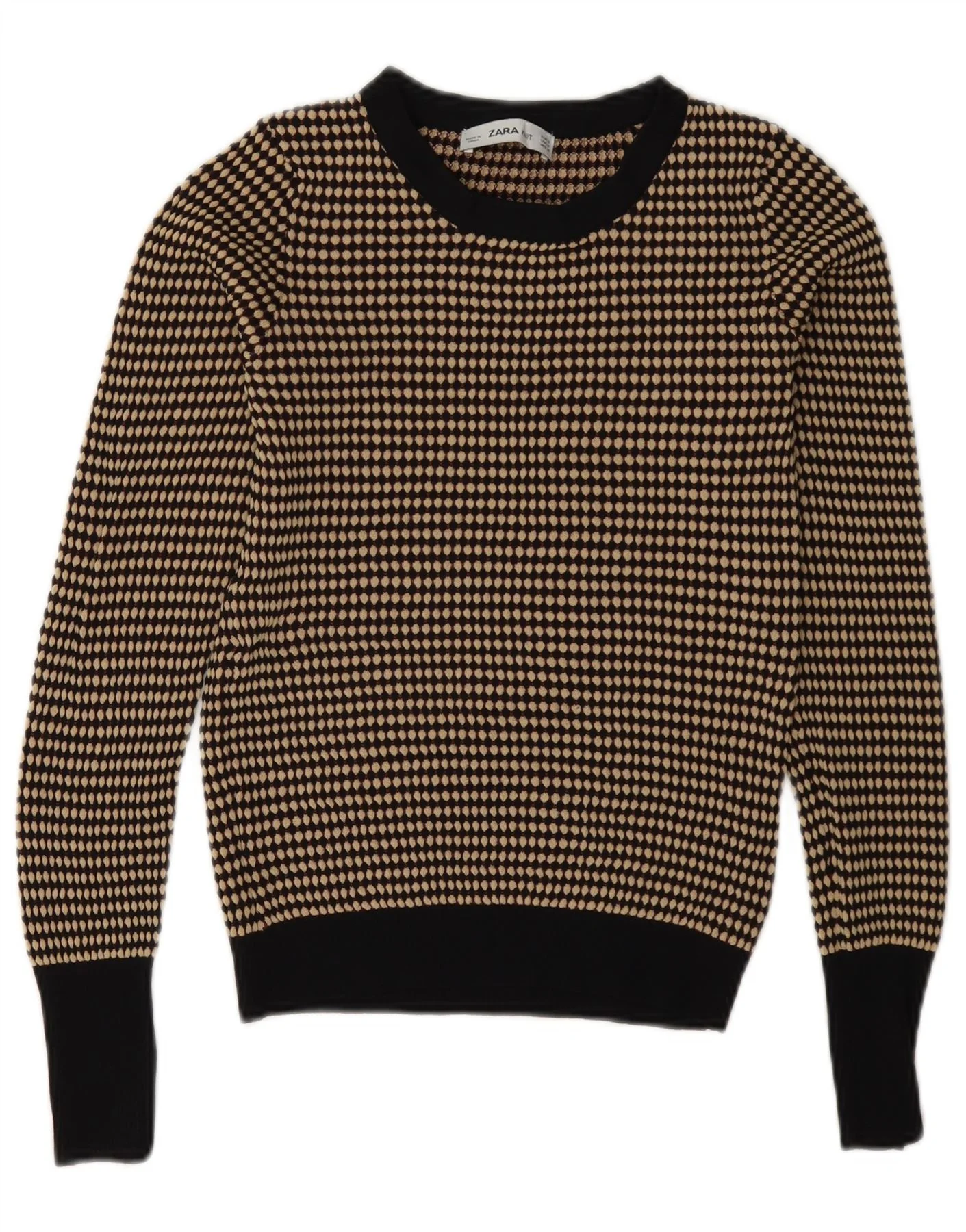 Zara Womens Crop Crew Neck Jumper Sweater UK 12 Medium Brown Geometric