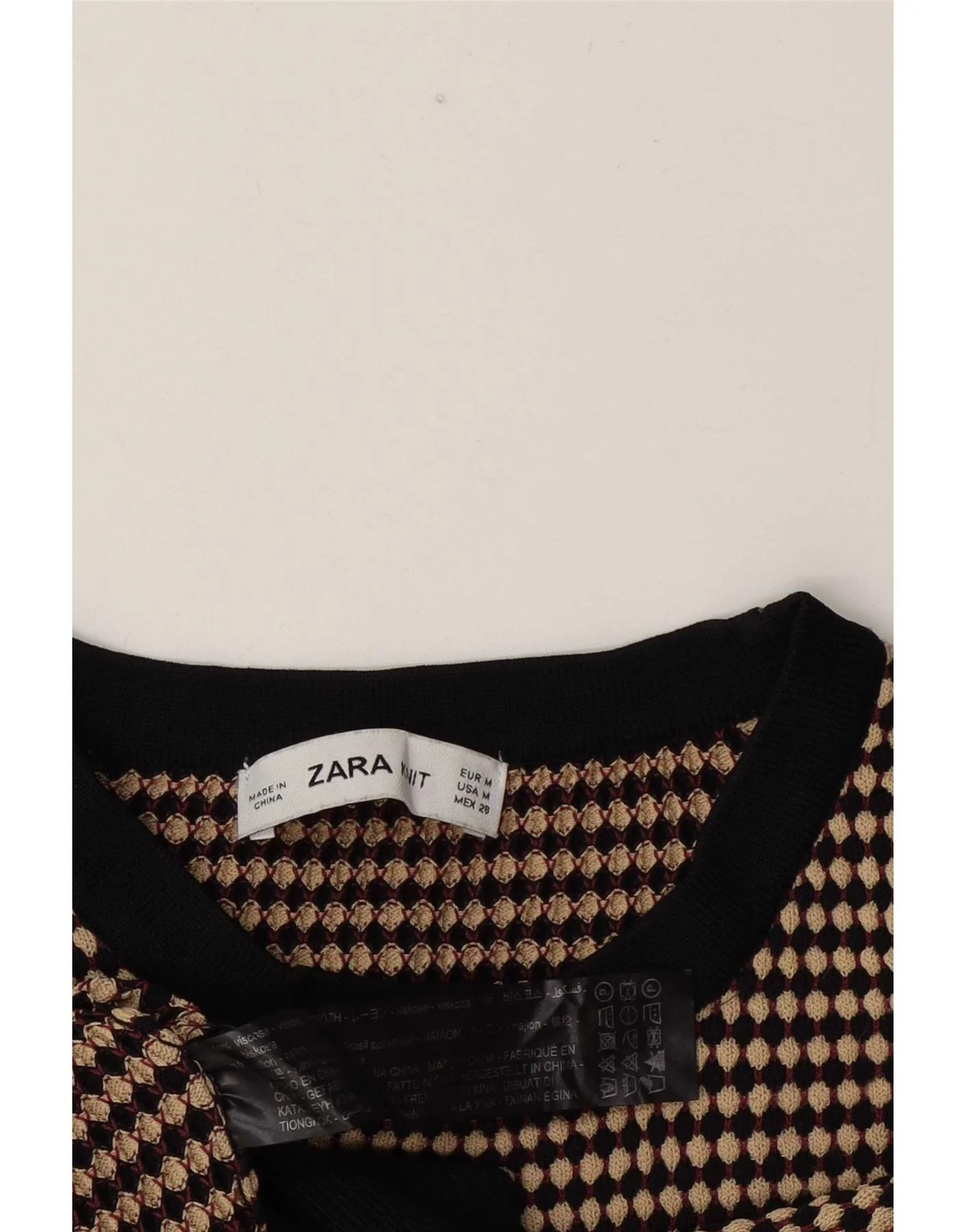 Zara Womens Crop Crew Neck Jumper Sweater UK 12 Medium Brown Geometric - Image 3