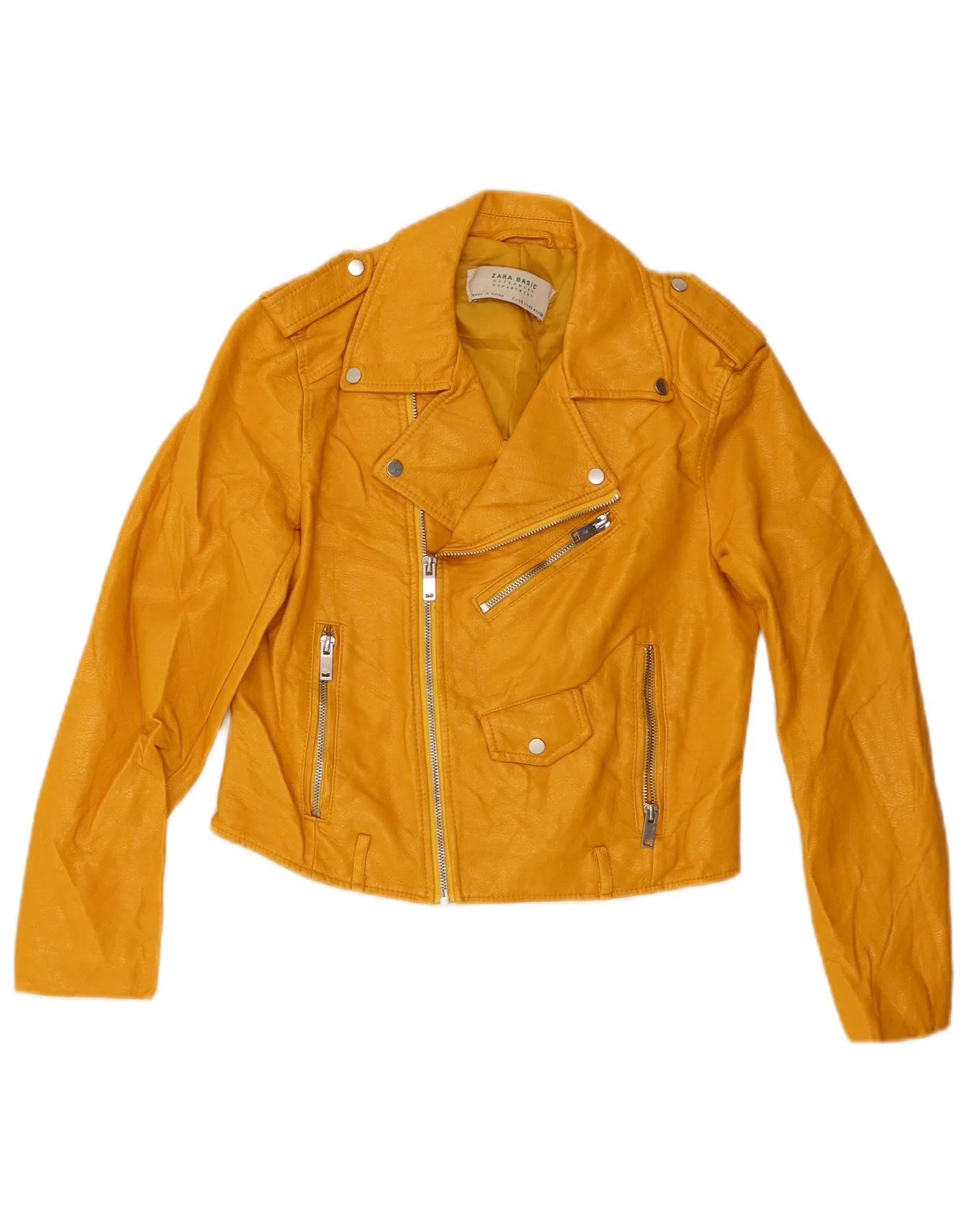 Zara Womens Crop Faux Leather Biker Jacket UK 10 Small Yellow Viscose