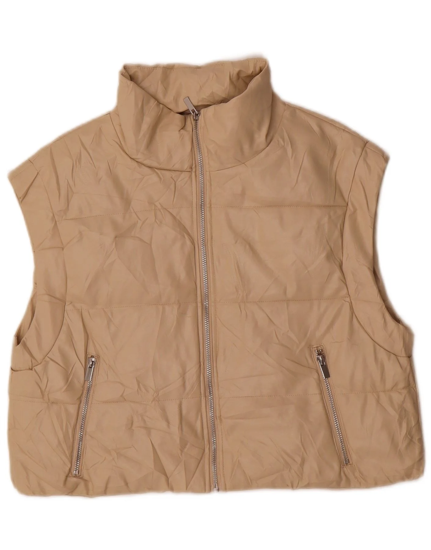 Zara Womens Crop Faux Leather Padded Gilet UK 14 Medium Beige Polyurethane