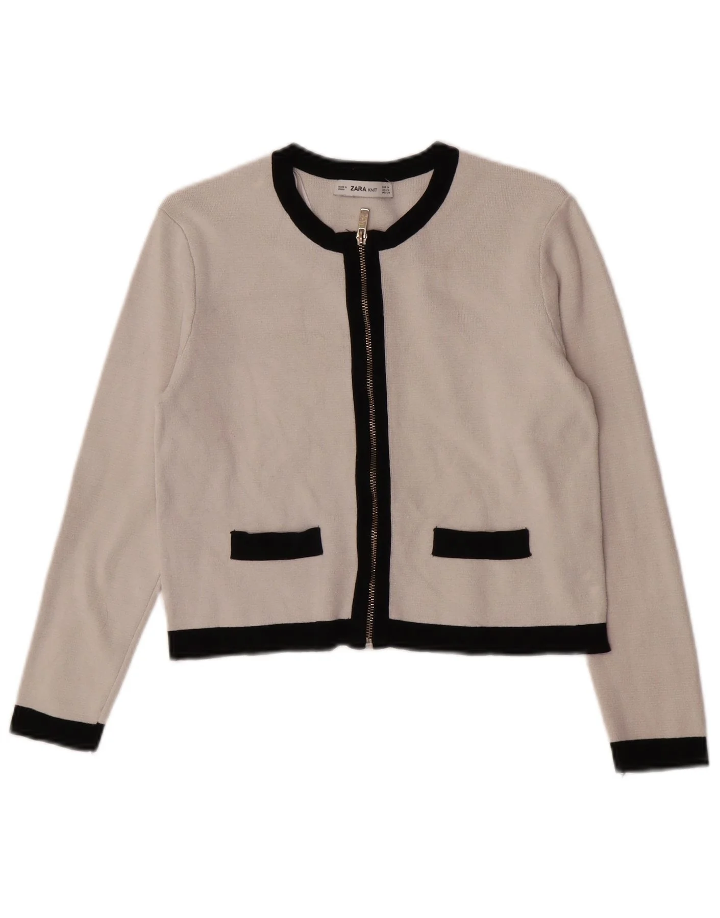 Zara Womens Crop Full Zip Cardigan Sweater UK 12 Medium White Colourblock