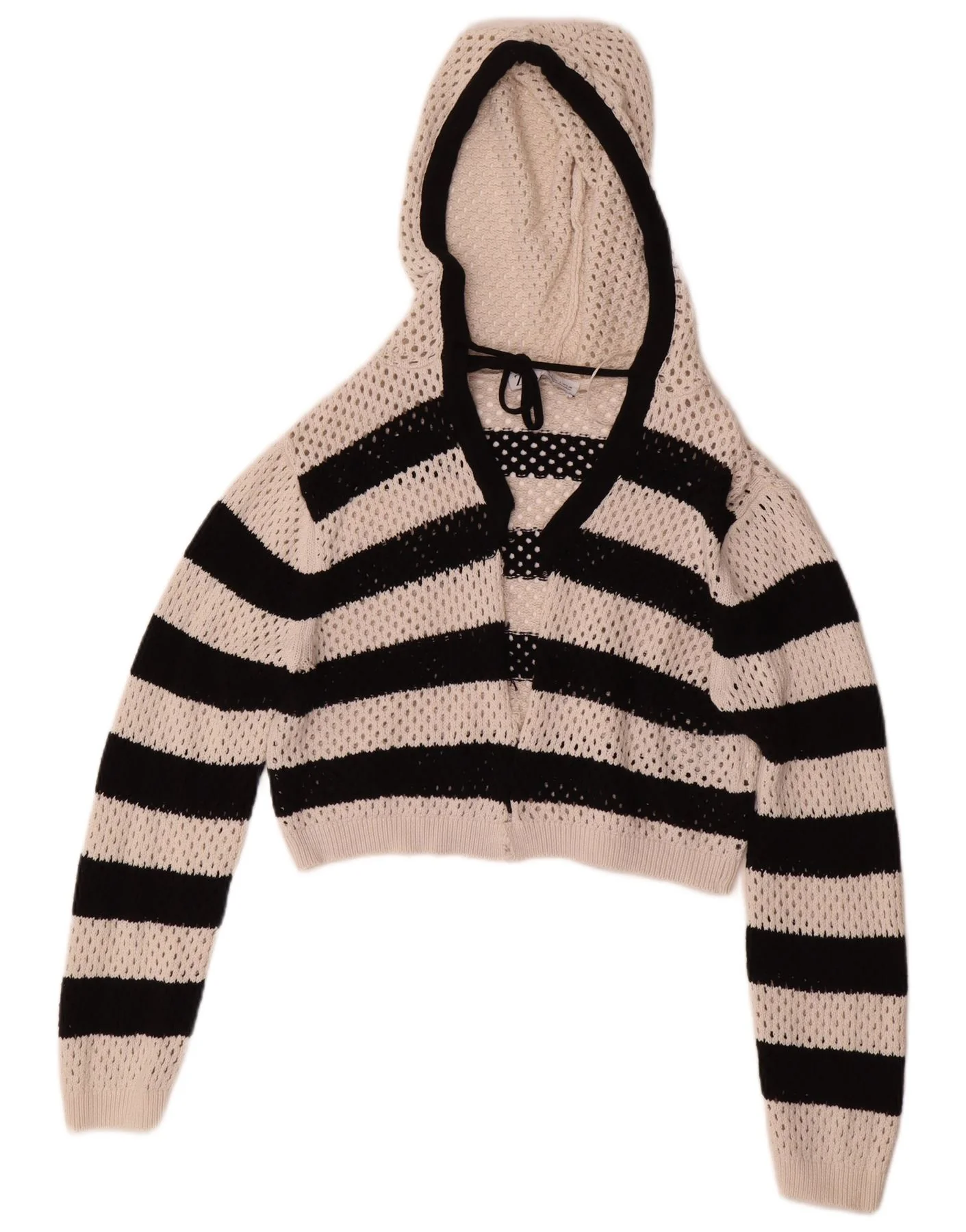 Zara Womens Crop Hooded Cardigan Sweater UK 14 Large White Striped Cotton