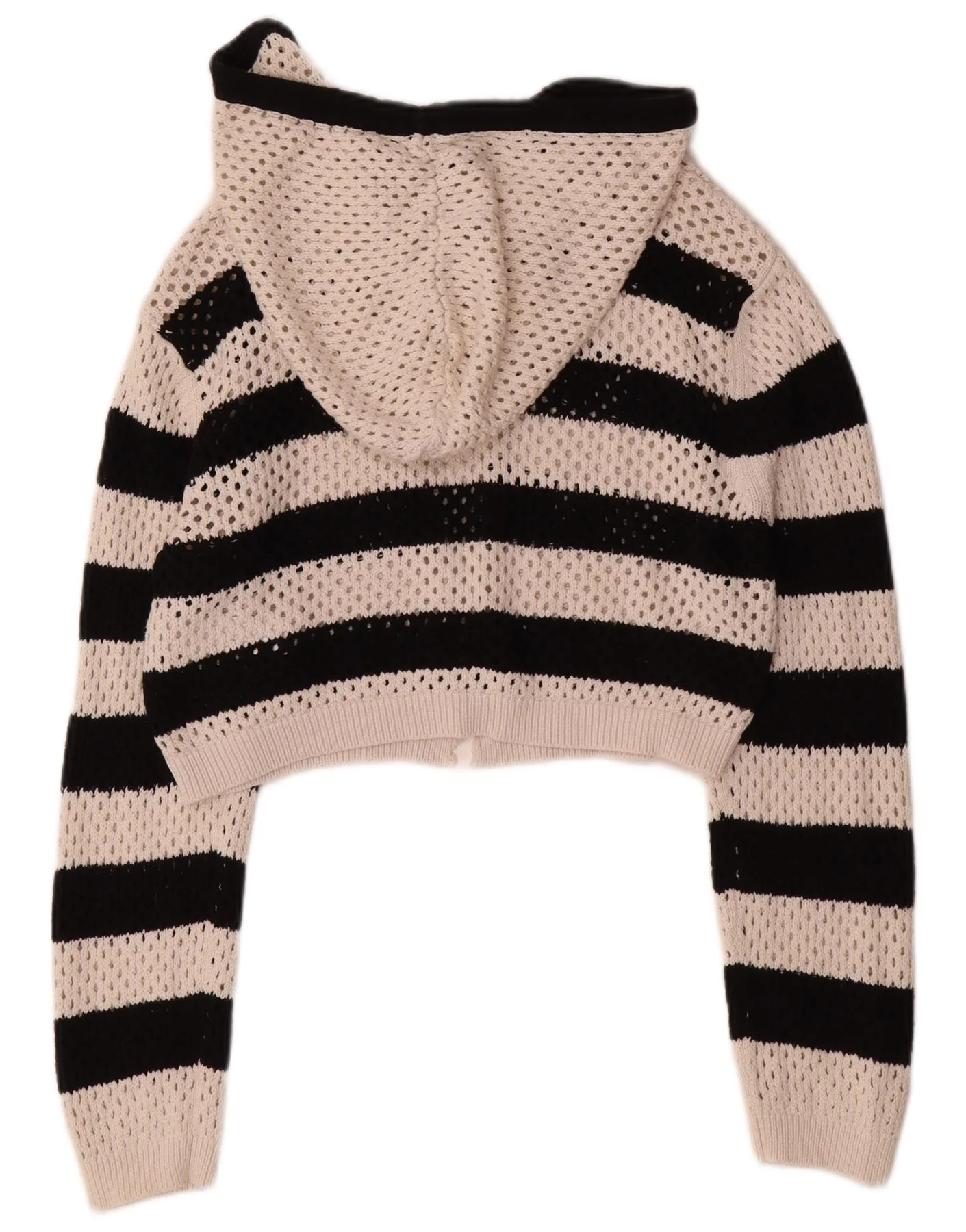 Zara Womens Crop Hooded Cardigan Sweater UK 14 Large White Striped Cotton - Image 2