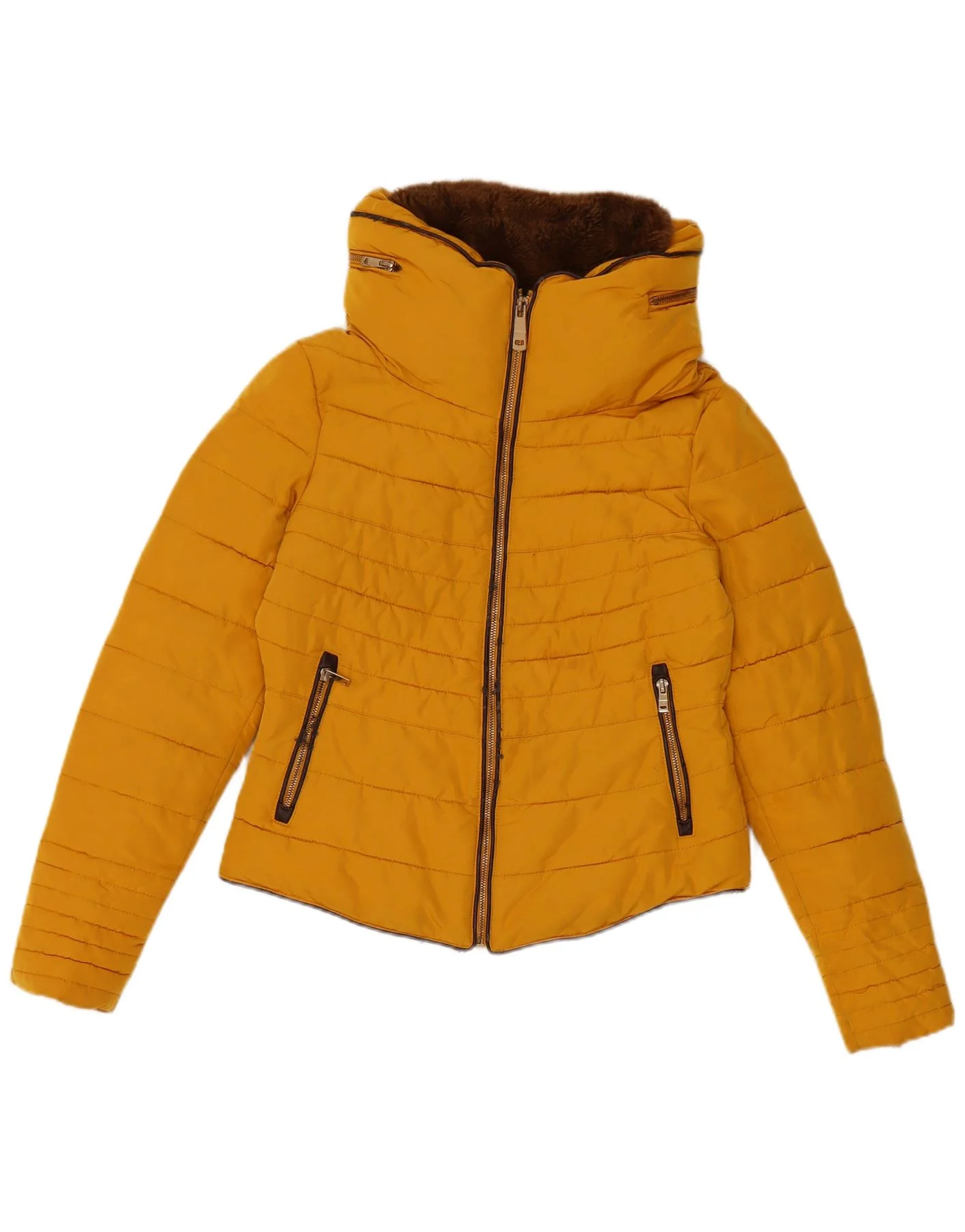 Zara Womens Crop Hooded Padded Jacket UK 10 Small Yellow Polyester