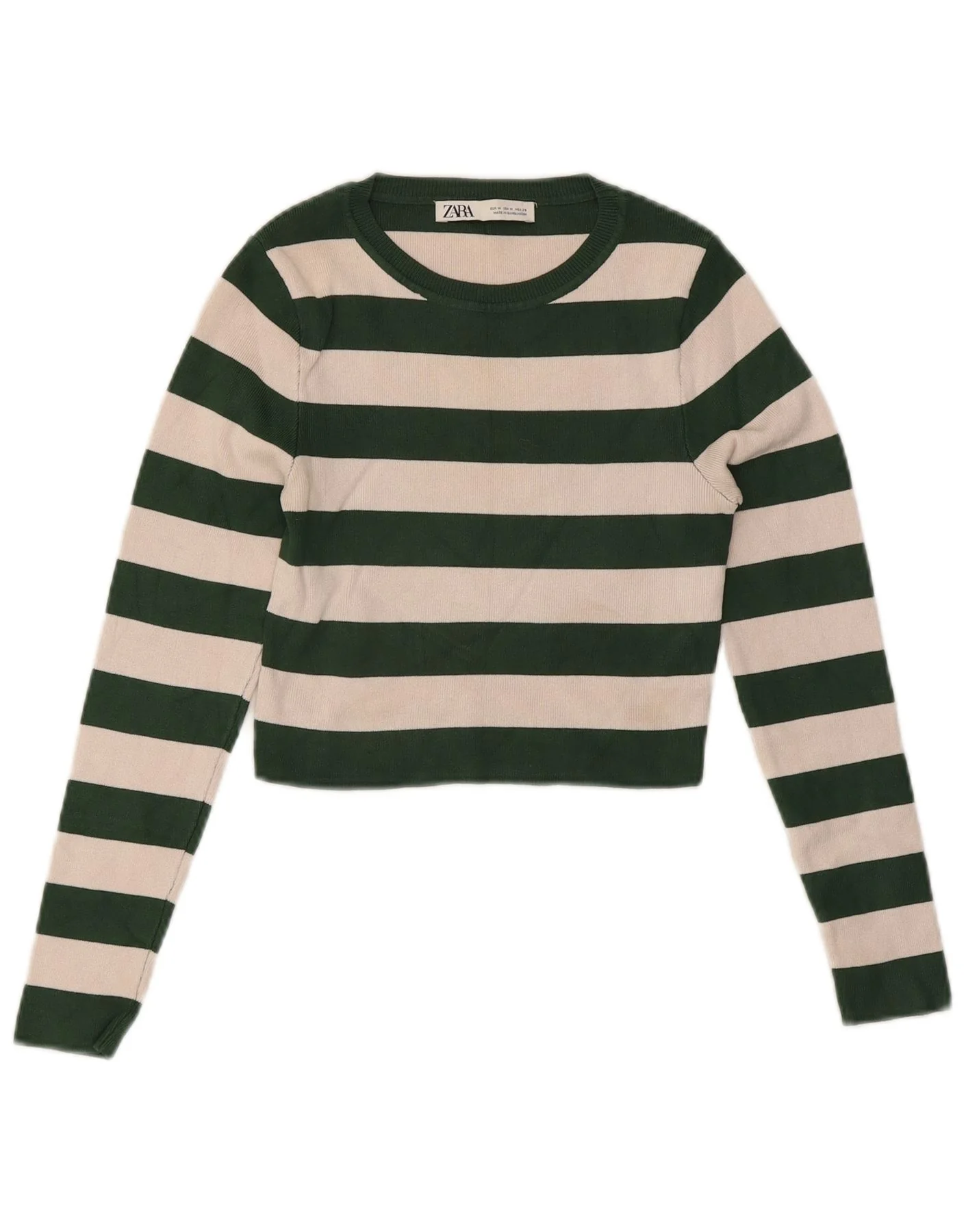 Zara Womens Crop Top Long Sleeve UK 12 Medium Green Striped Viscose