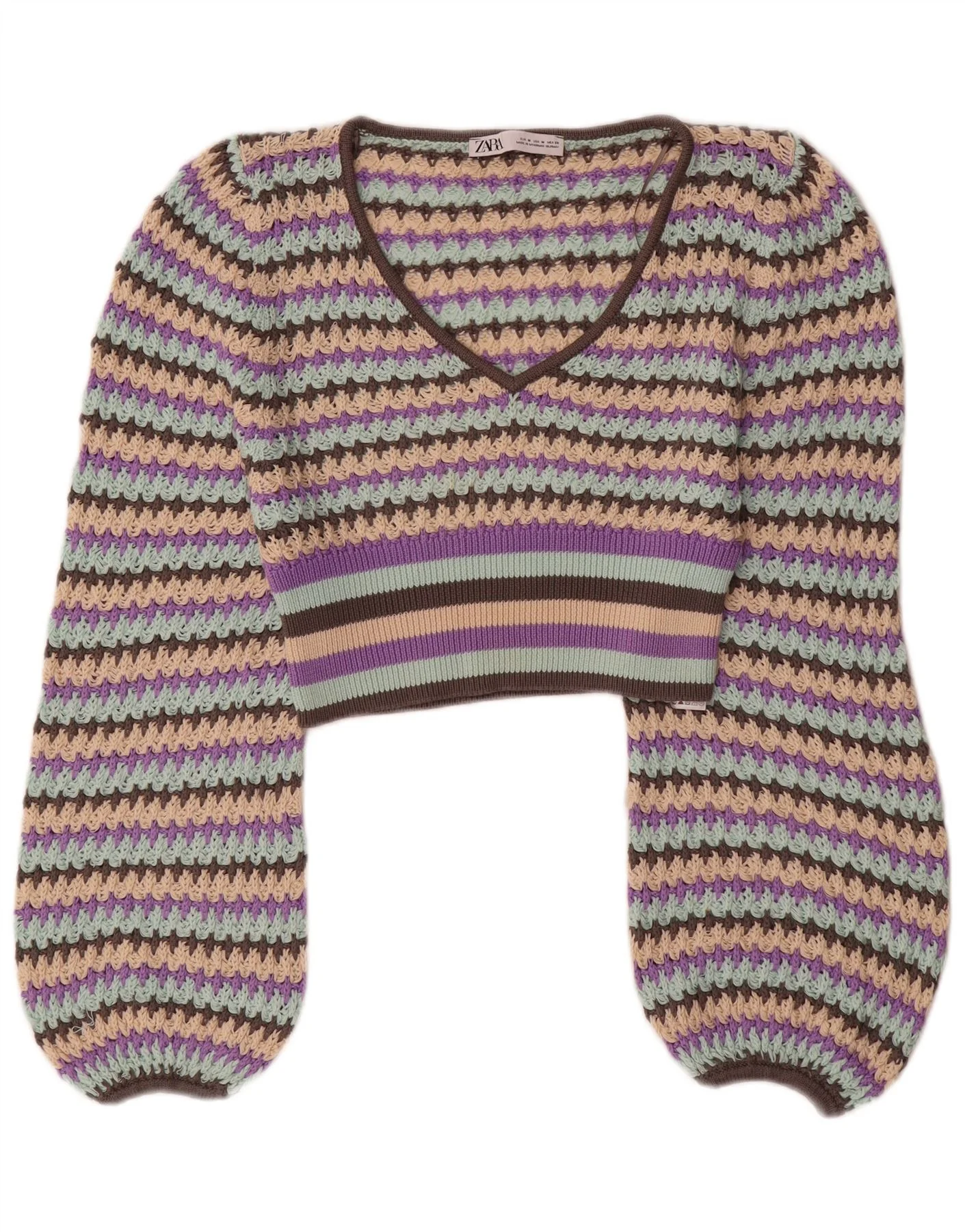 Zara Womens Crop V-Neck Jumper Sweater UK 12 Medium Multicoloured Striped