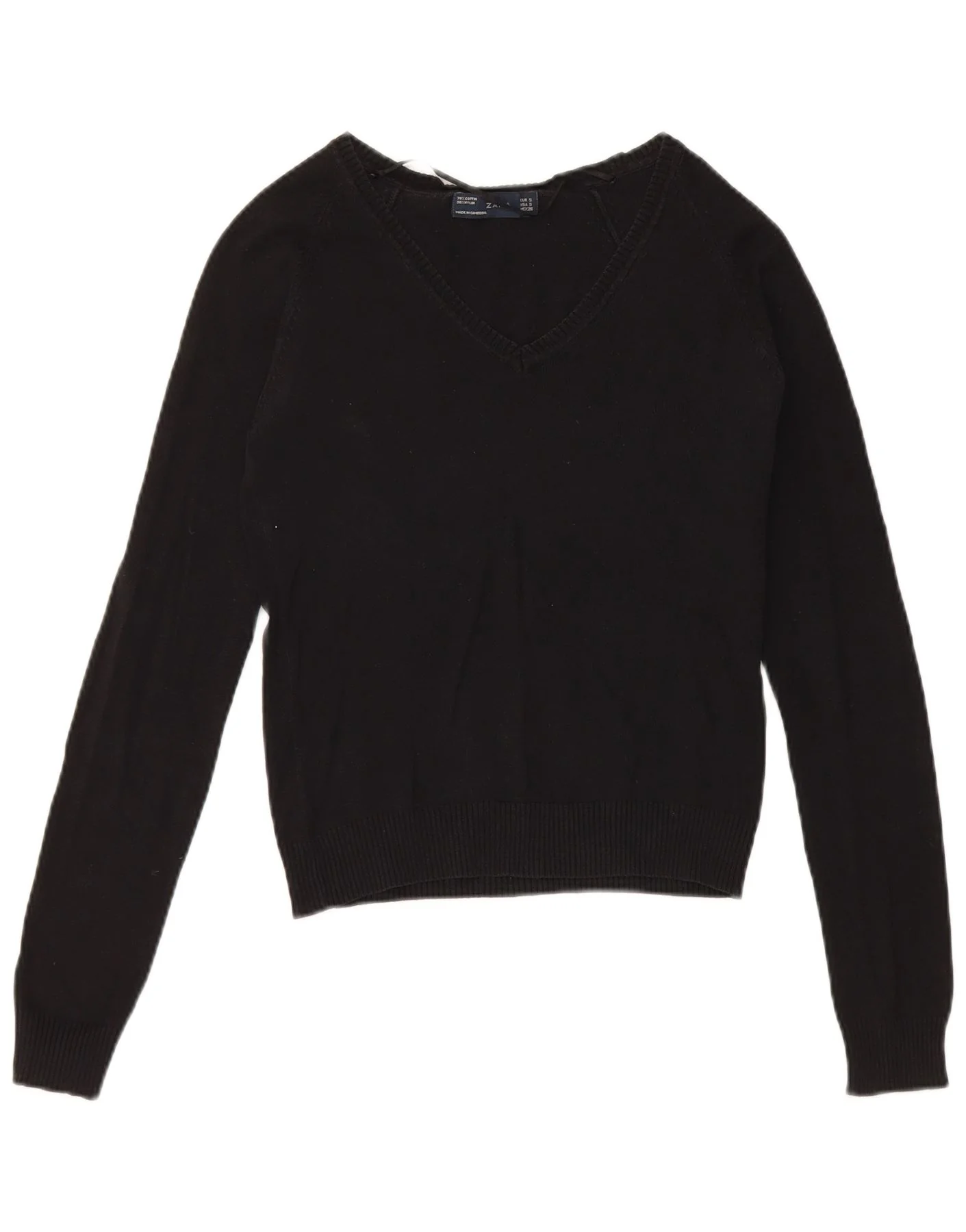 Zara Womens Crop V-Neck Jumper Sweater UK 8 Small Black Cotton