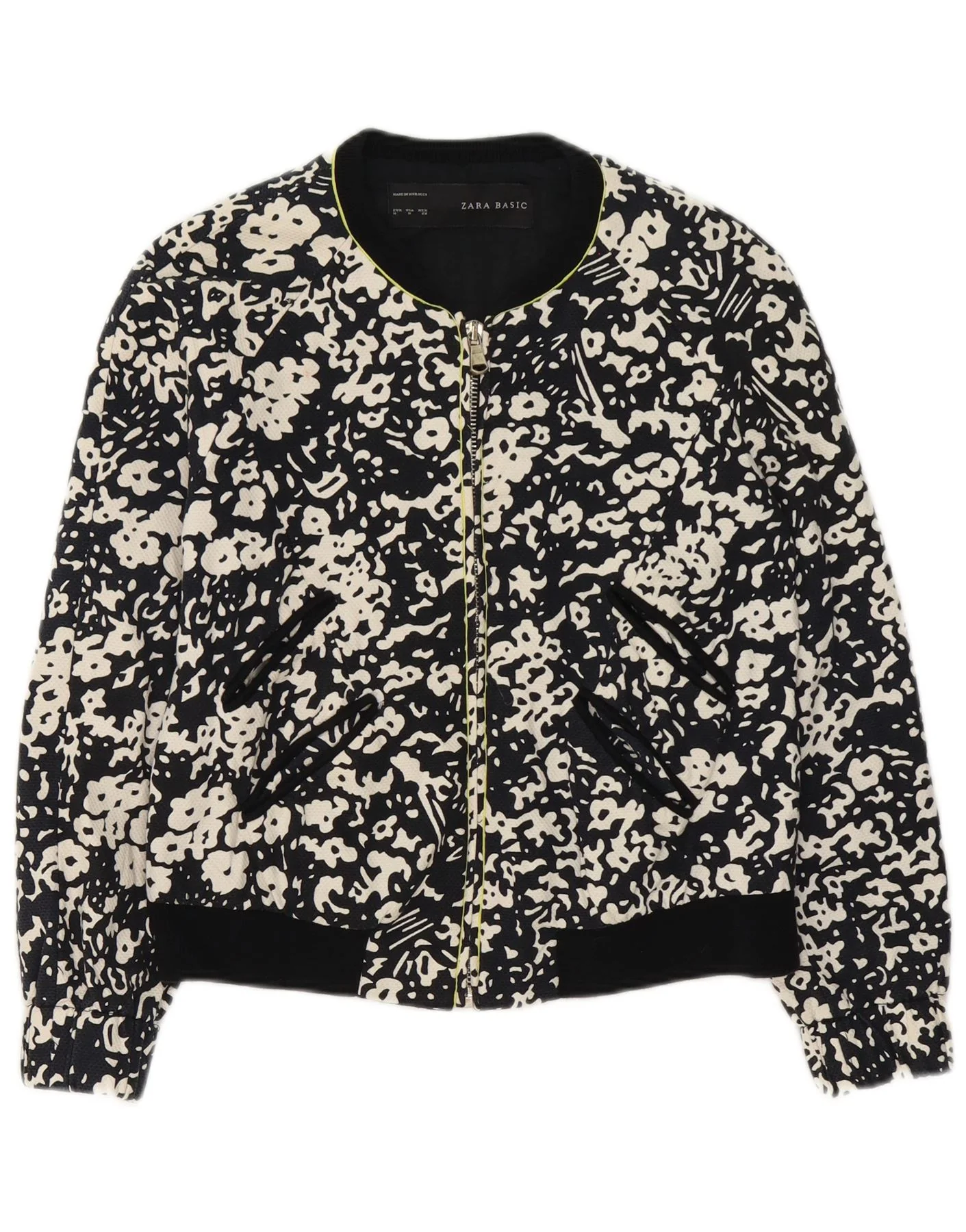 Zara Womens Full Zip Bomber Jacket UK 14 Medium Black Floral Cotton