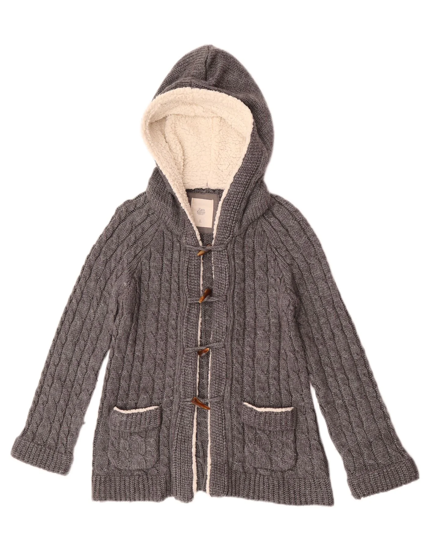 Zara Womens Hooded Duffle Cardigan Sweater UK 14 Large Grey Acrylic