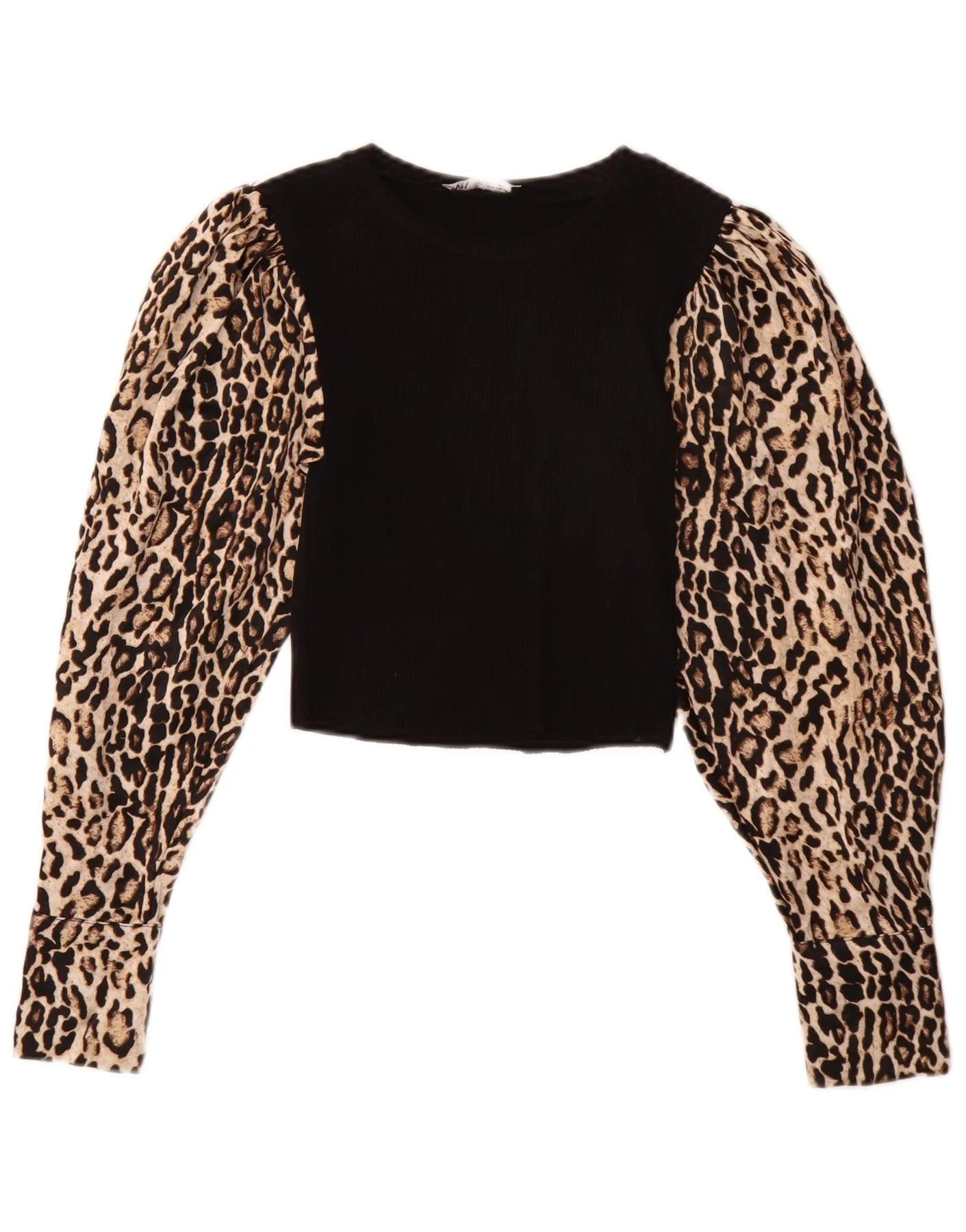 Zara Womens Long Sleeve Crop Top UK 8 Small Black Animal Print Polyester