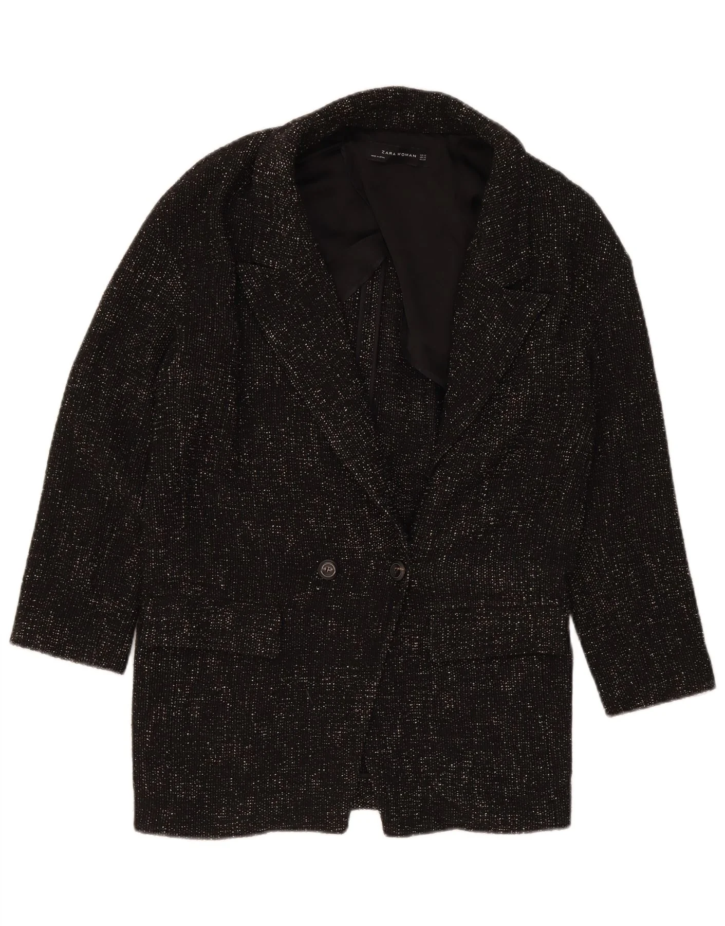 Zara Womens Oversized Double Breasted Coat UK 6 XS Black Polyester