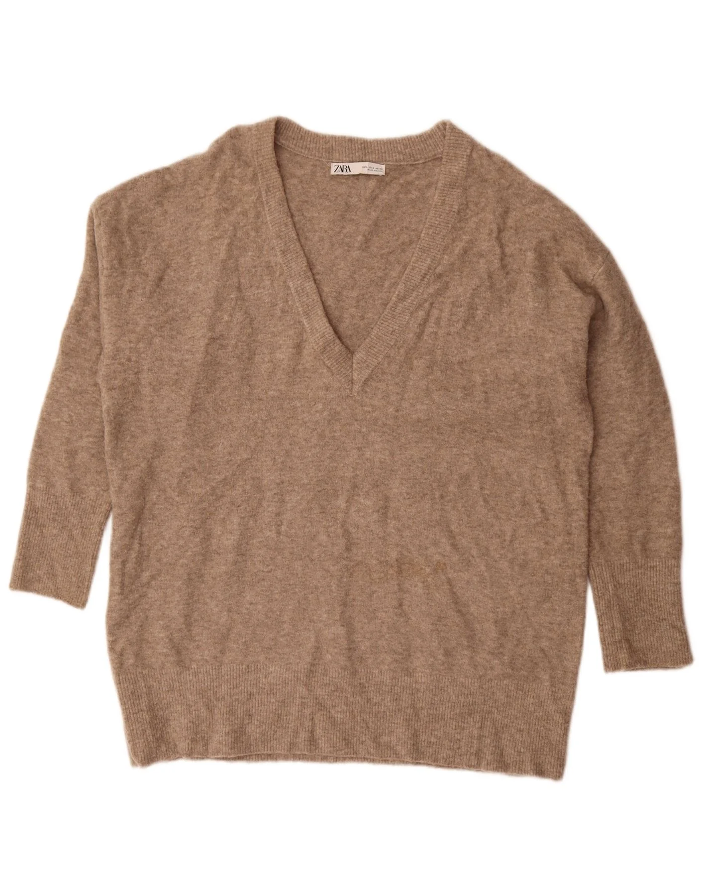 Zara Womens Oversized Longline V-Neck Jumper Sweater UK 16 Large Brown