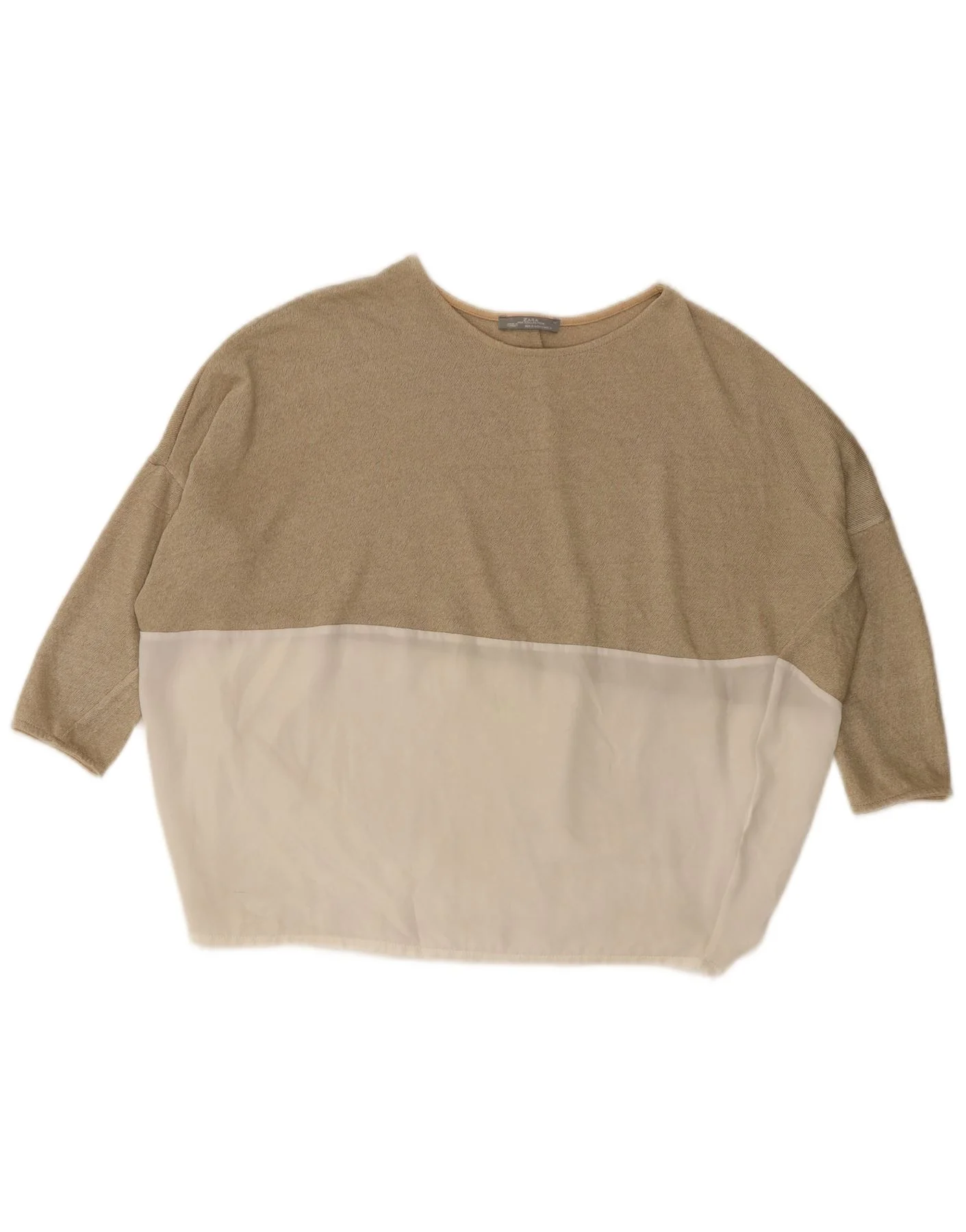 Zara Womens Oversized Top 3/4 Sleeve UK 10 Small Beige Colourblock