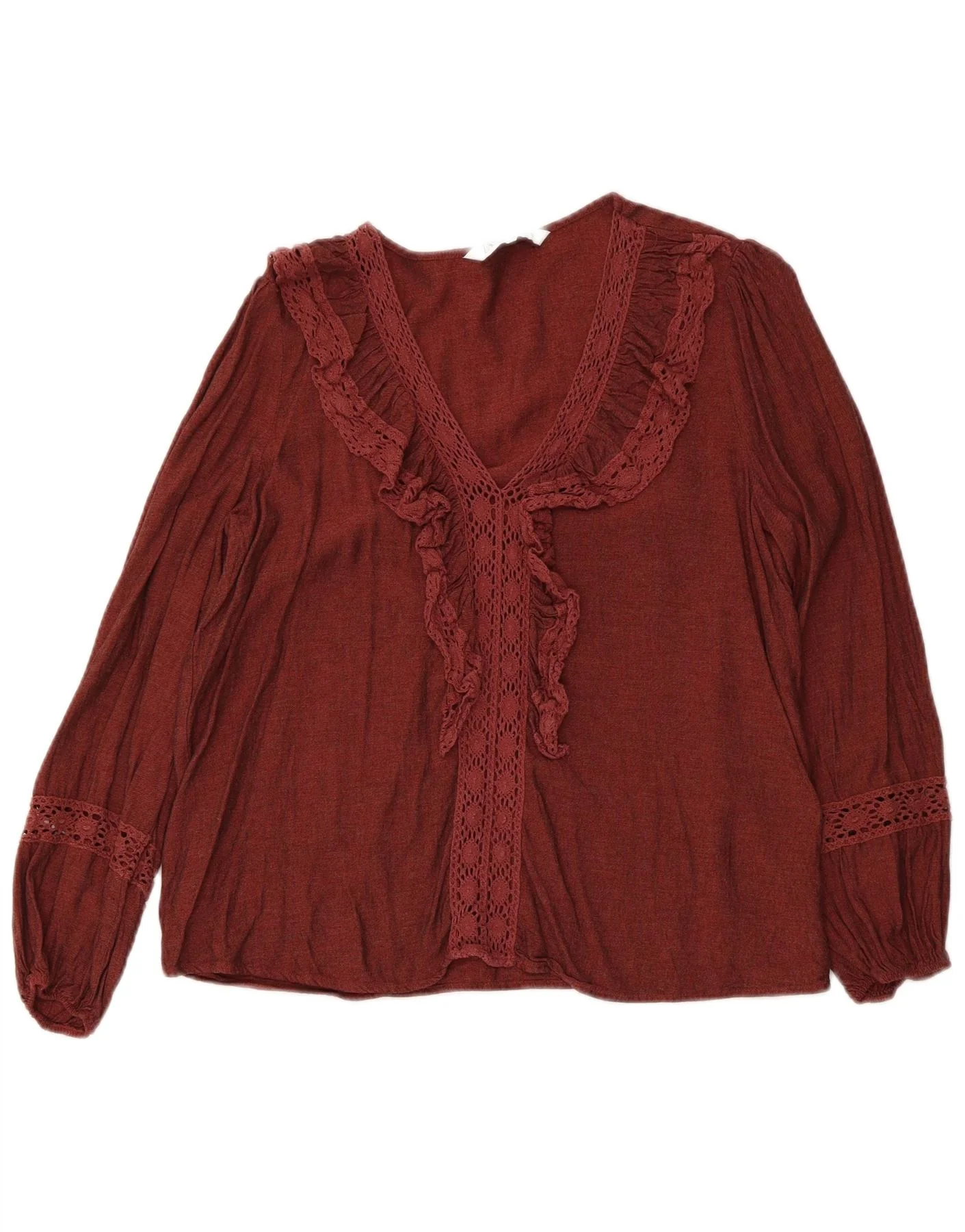 Zara Womens Ruffle Front Long Sleeve Blouse Top UK 12 Medium Maroon