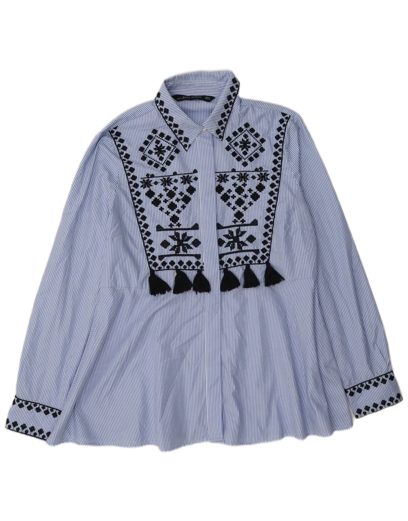 Zara Womens Shirt Blouse UK 14 Medium Blue Pinstripe Polyester