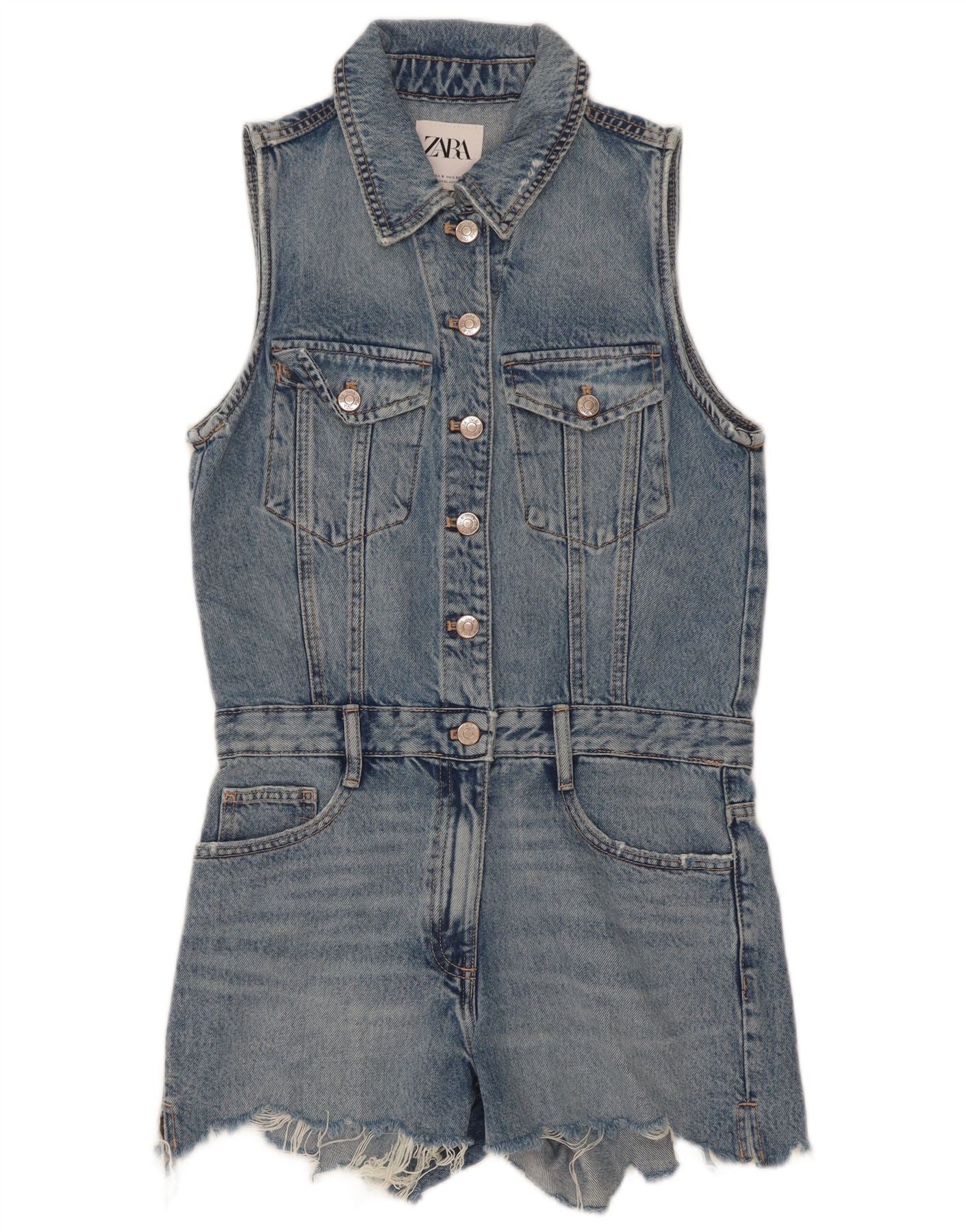 Zara Womens Sleeveless Denim Playsuit UK 10 Small Blue Cotton