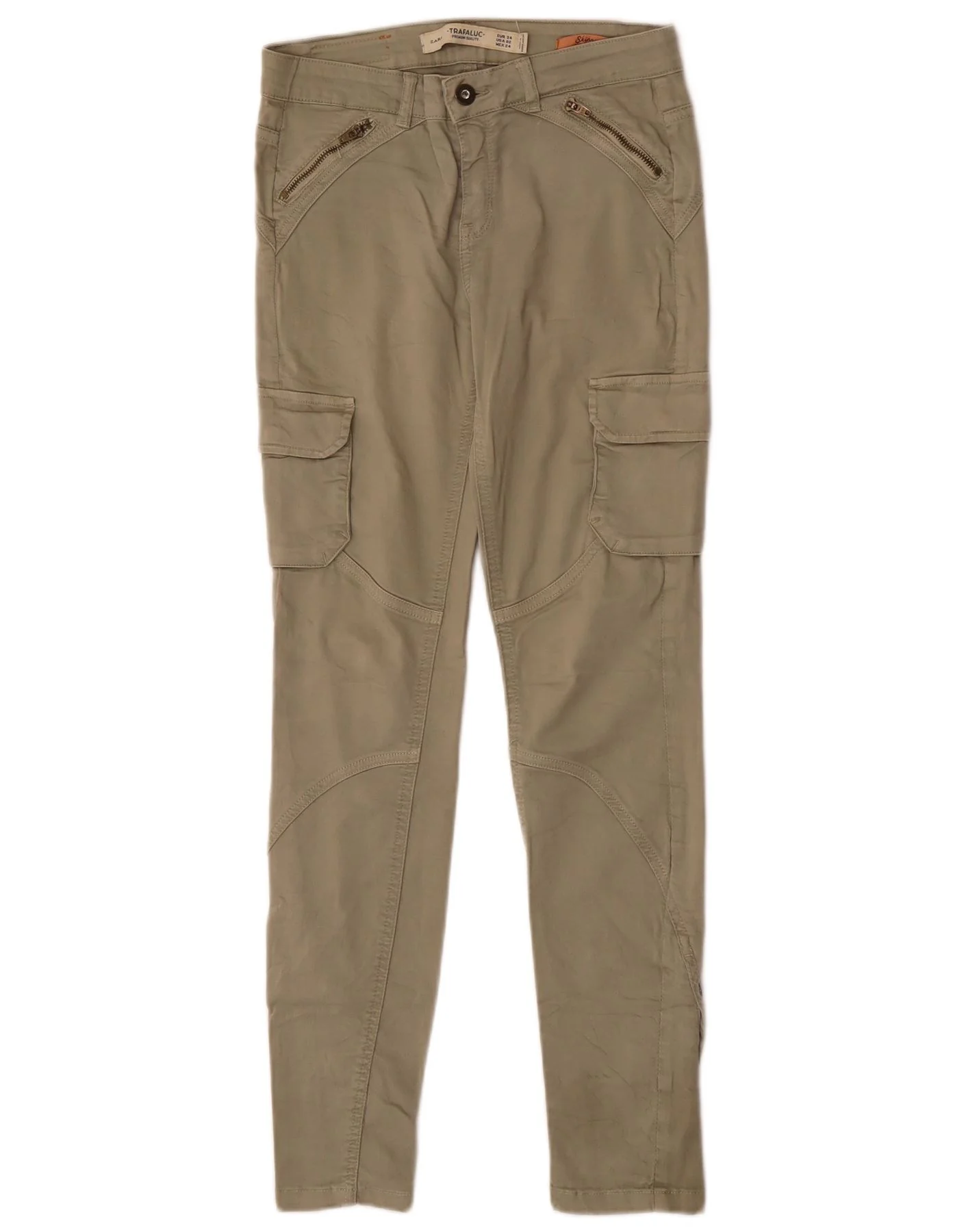 Zara Womens Slim Cargo Trousers EU 34 2XS W24 L28 Khaki Cotton