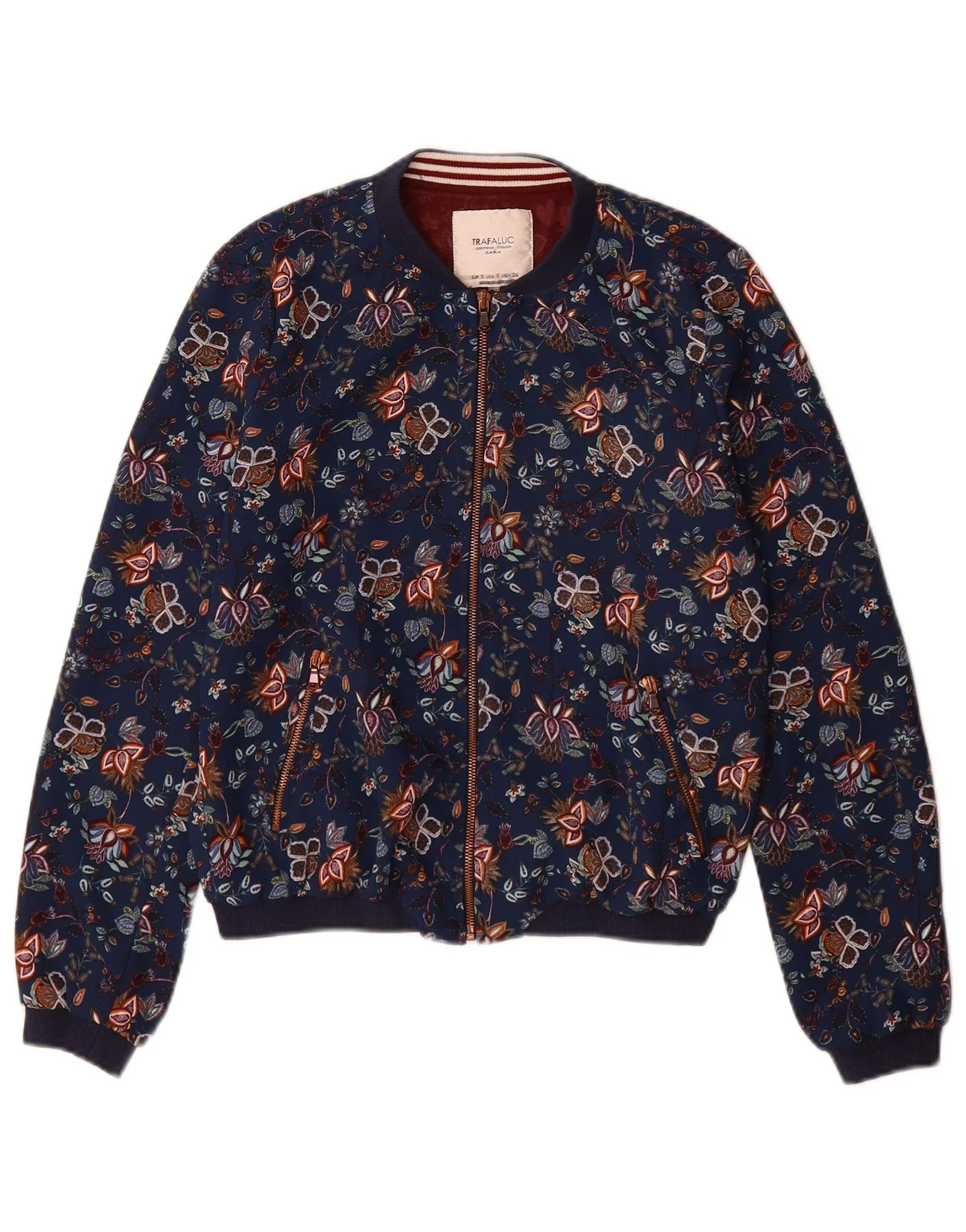 Zara Womens Trafaluc Bomber Jacket UK 10 Small Navy Blue Floral Polyester