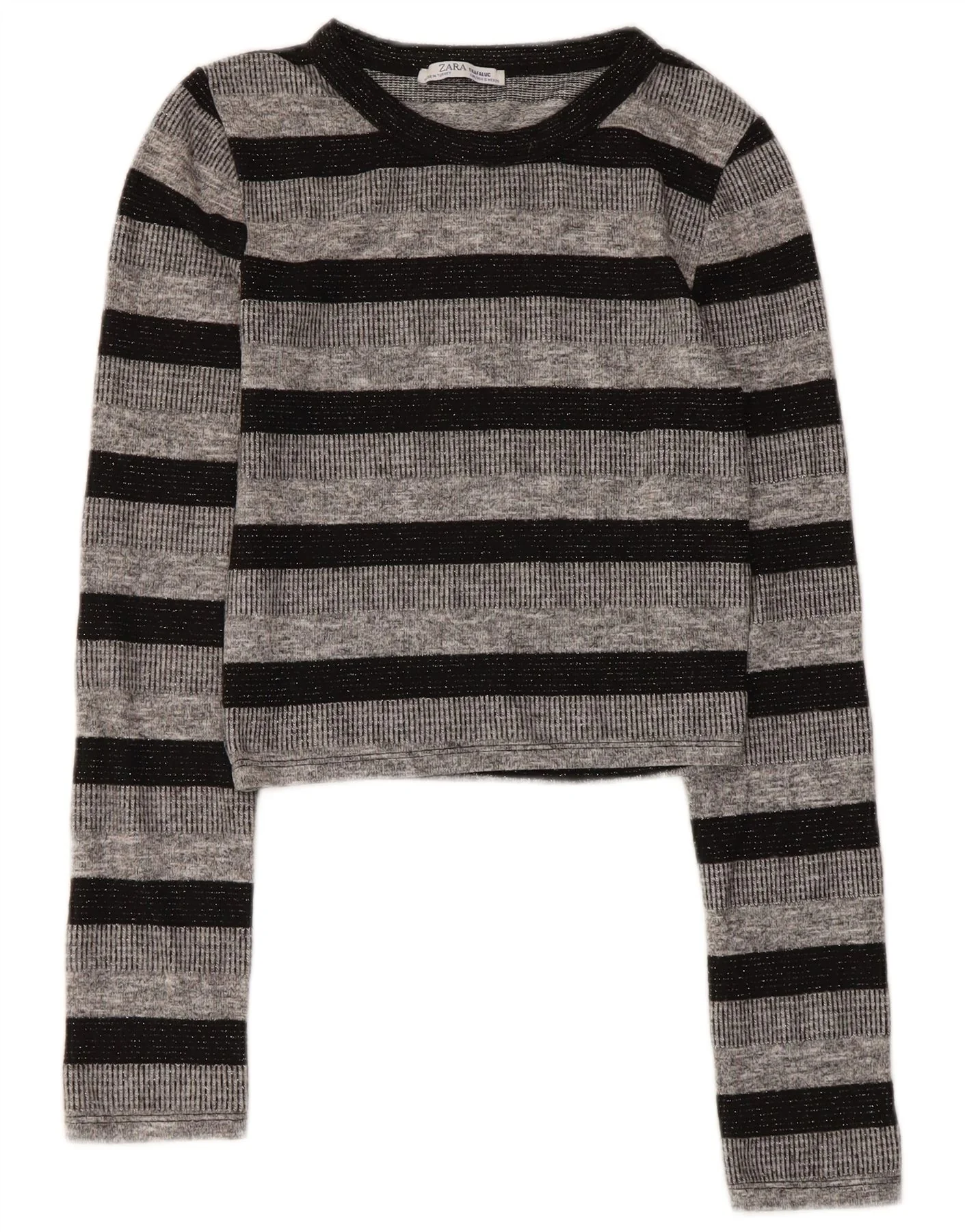 Zara Womens Trafaluc Crop Top Long Sleeve UK 8 Small Grey Striped Polyester
