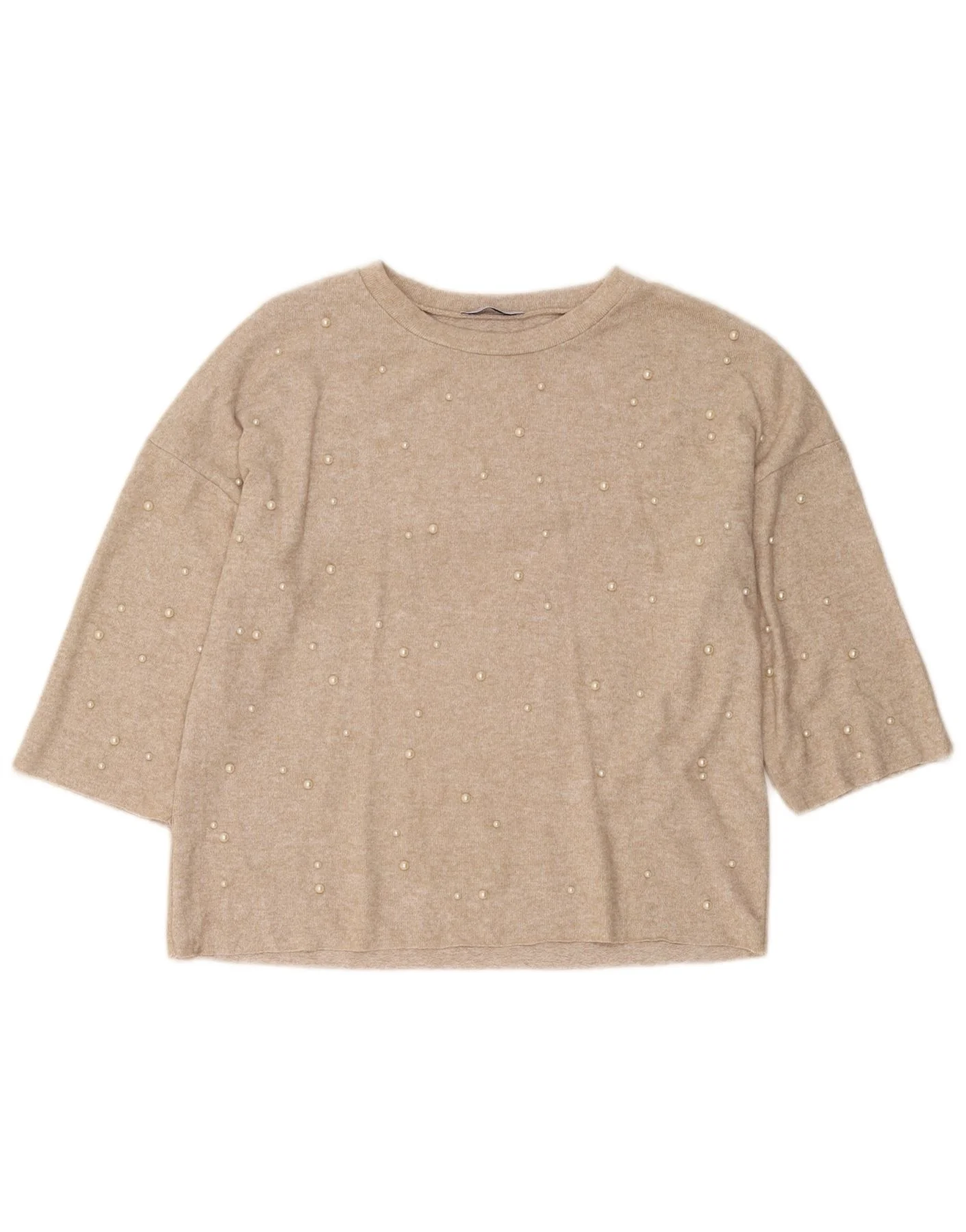 Zara Womens Trafaluc Pullover Top 3/4 Sleeve UK 10 Small Beige Flecked