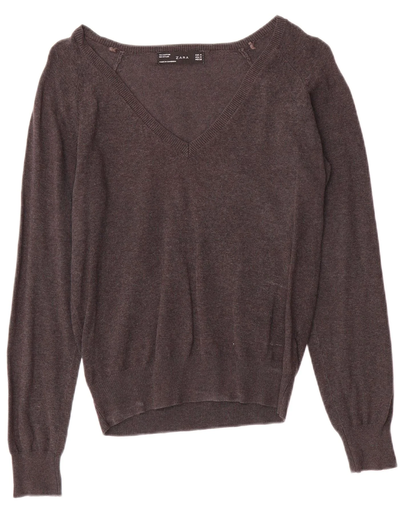 Zara Womens V-Neck Jumper Sweater UK 12 Medium Grey Cotton