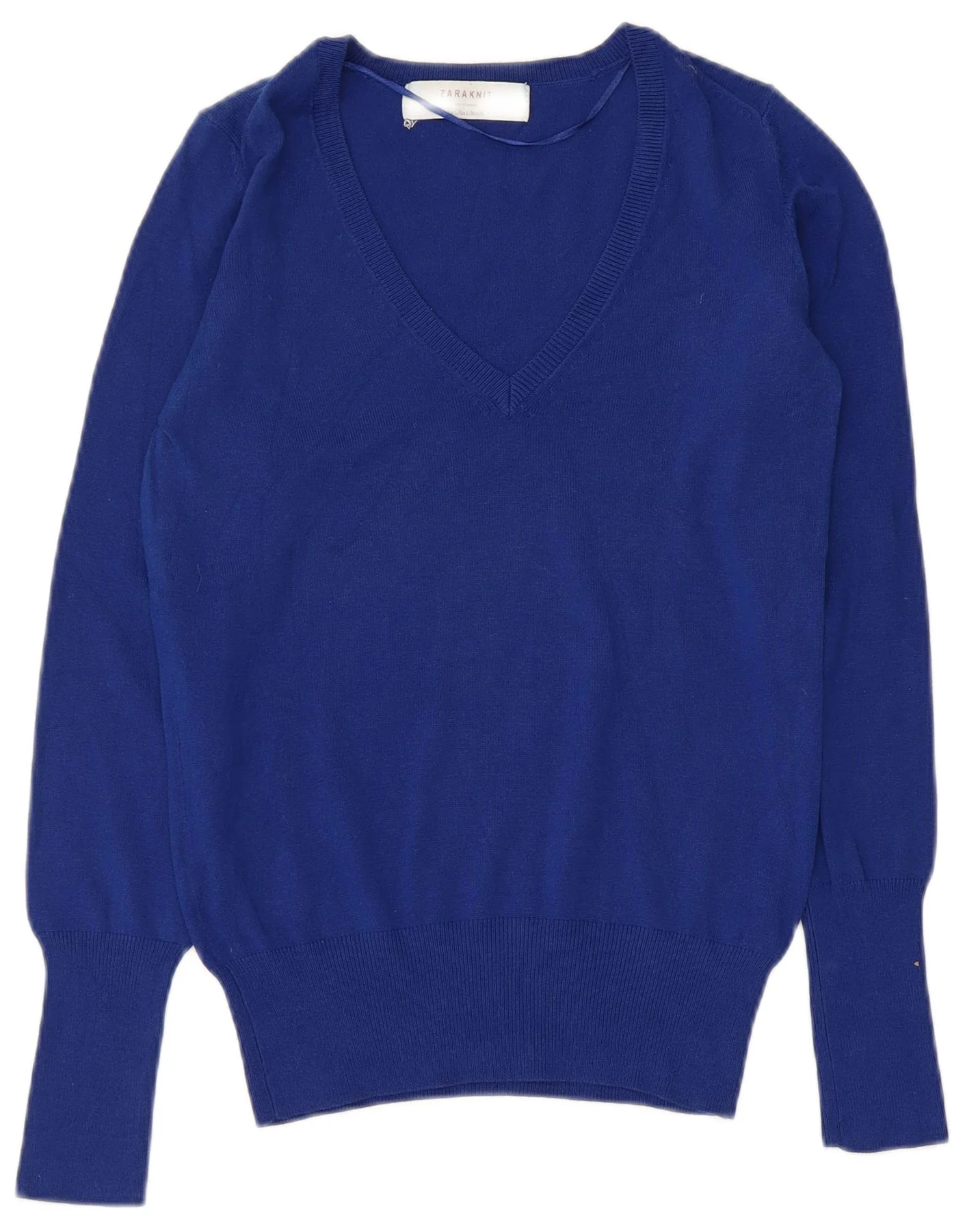 Zara Womens V-Neck Jumper Sweater UK 14 Large Blue Cotton