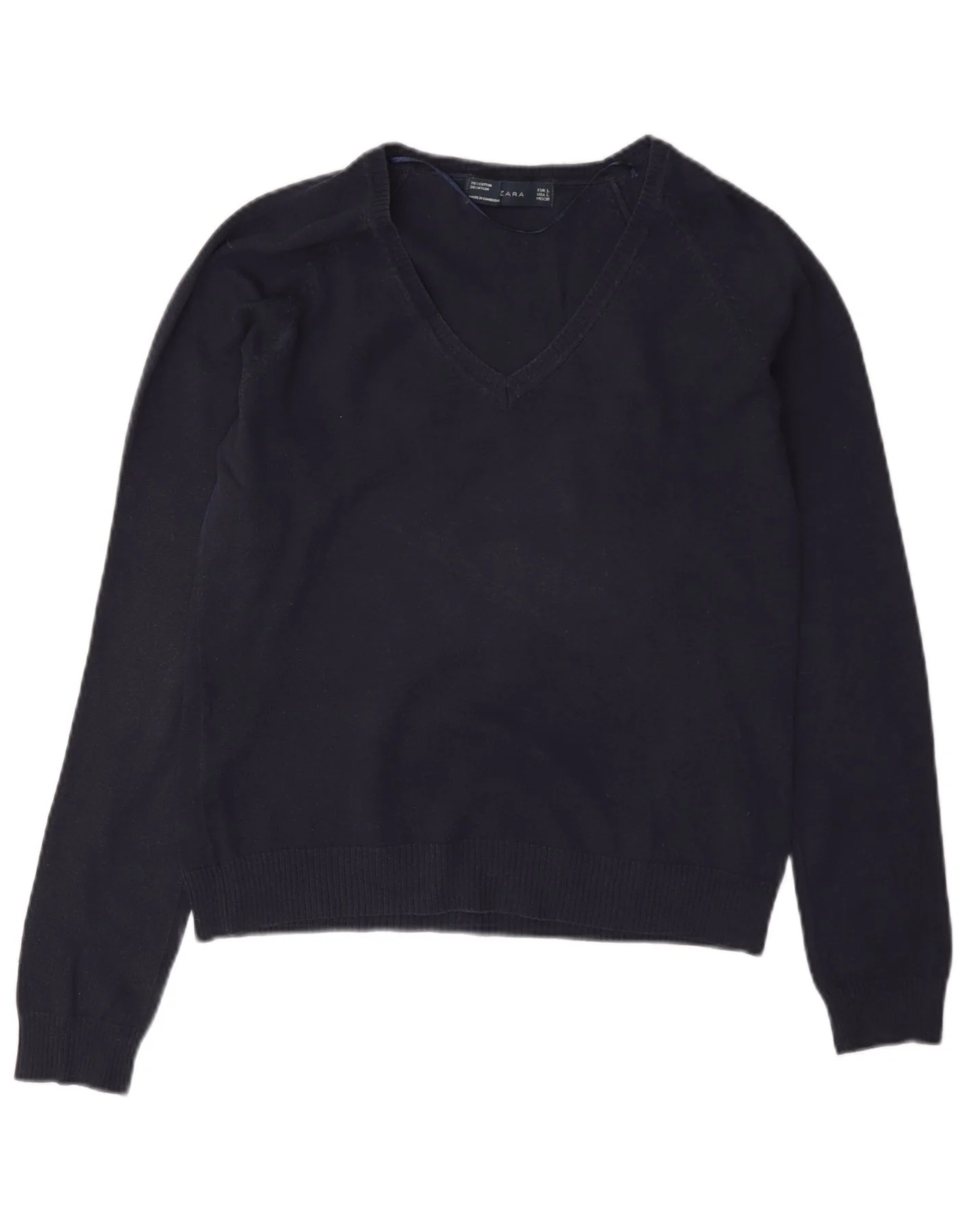 Zara Womens V-Neck Jumper Sweater UK 14 Large Navy Blue Cotton